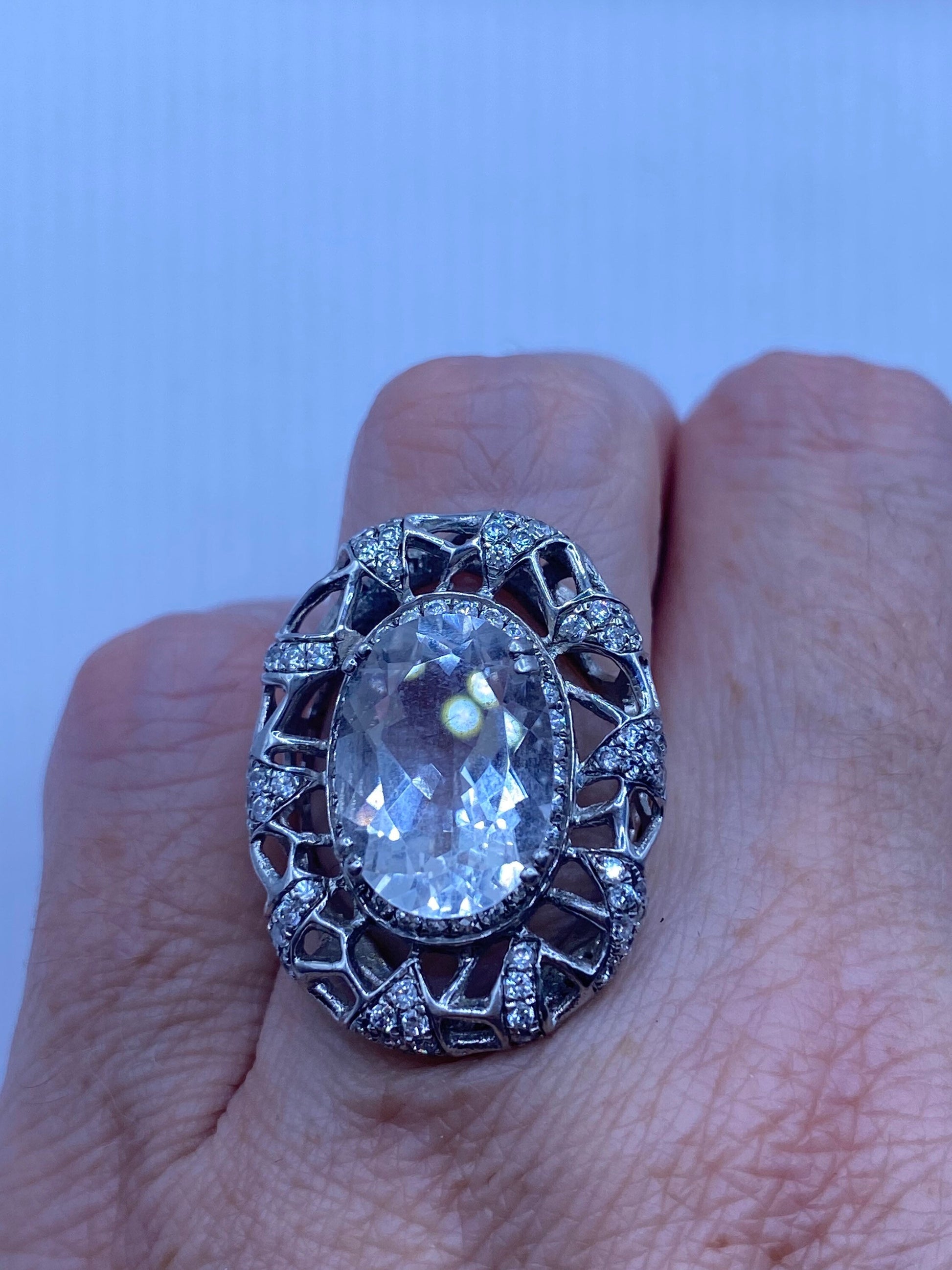 Vintage Clear White Sapphire and White Topaz Golden 925 Sterling Silver Cocktail Ring