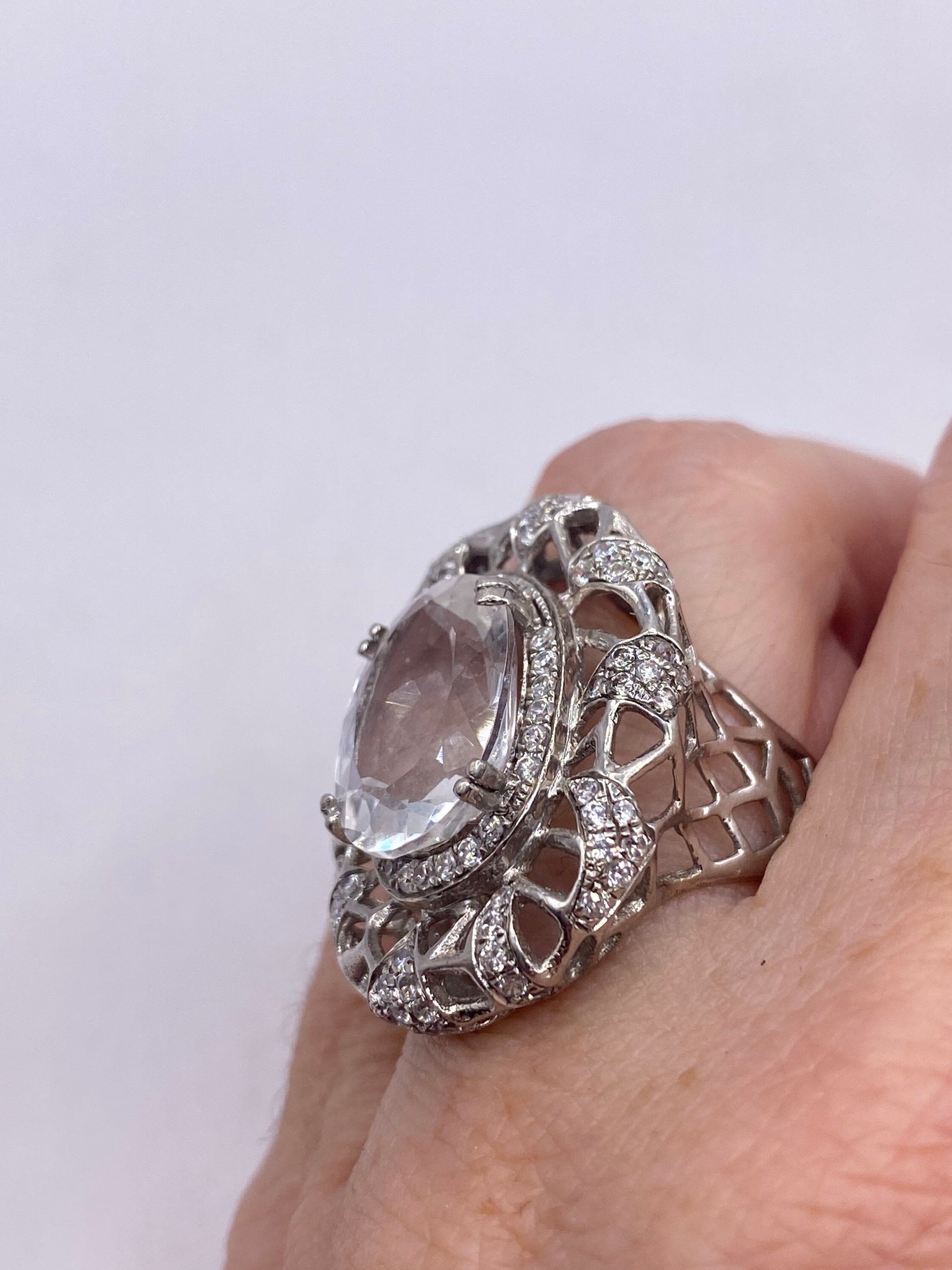 Vintage Clear White Sapphire and White Topaz Golden 925 Sterling Silver Cocktail Ring