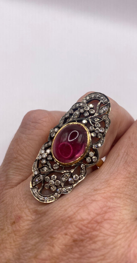 Vintage Red Tourmaline with Rose Cut Diamond in 925 Sterling Silver and 18k Gold Cocktail Ring
