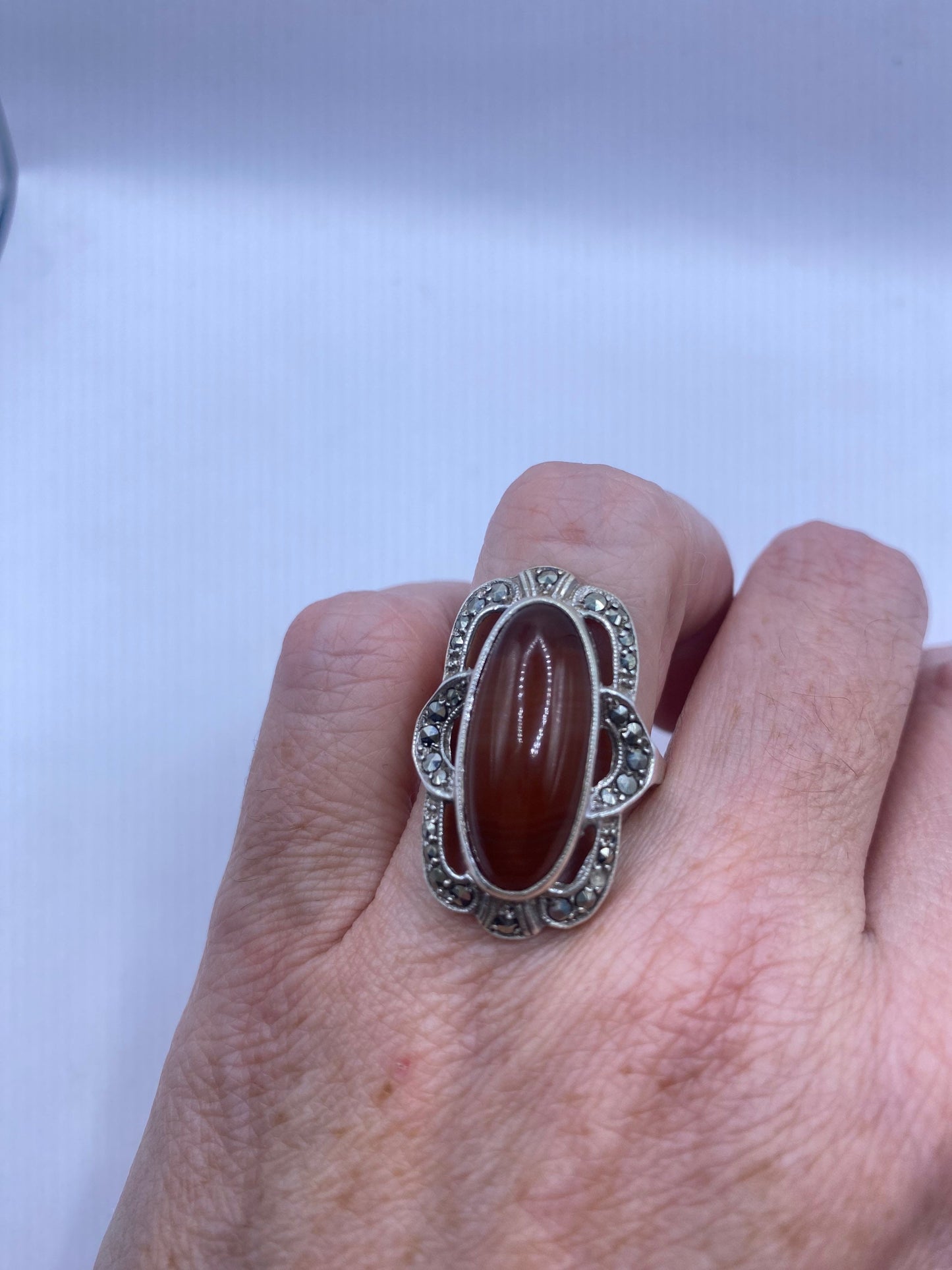 Vintage Genuine Red Carnelian 925 Sterling Silver Marcasite Ring