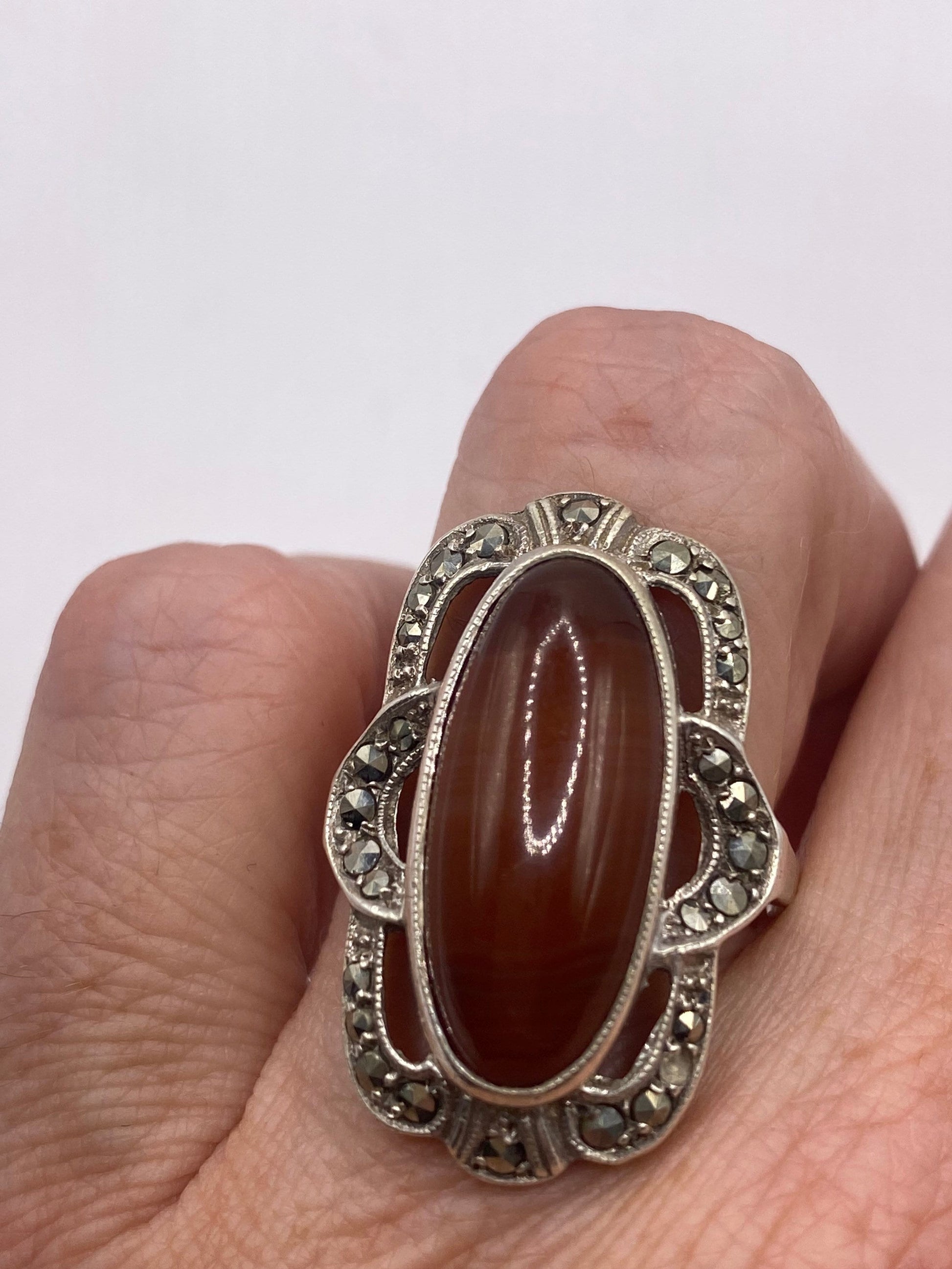 Vintage Genuine Red Carnelian 925 Sterling Silver Marcasite Ring