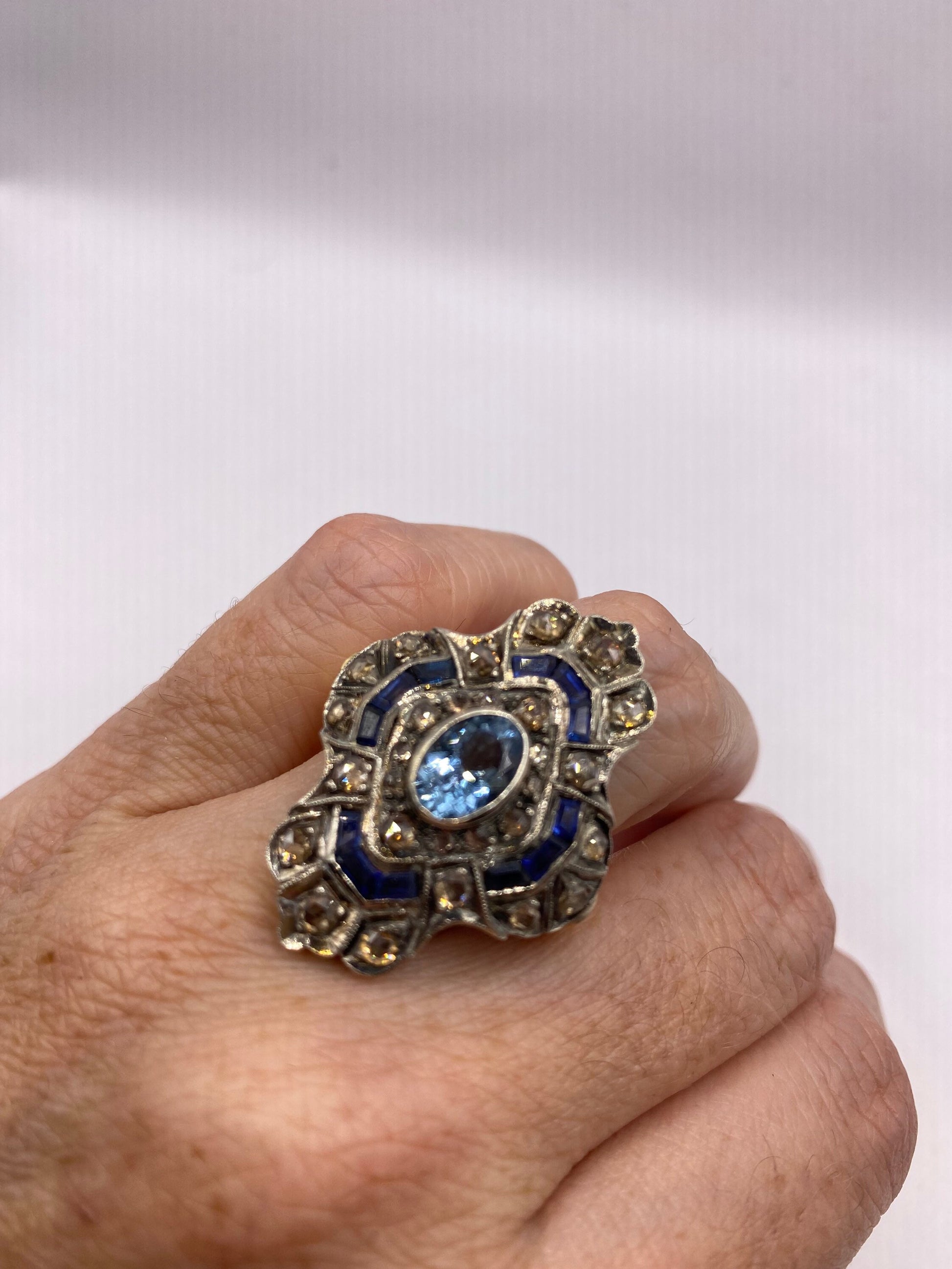 Vintage Blue Topaz Sapphire with Rose Cut Diamond in 925 Sterling Silver and 18k Gold Cocktail Ring