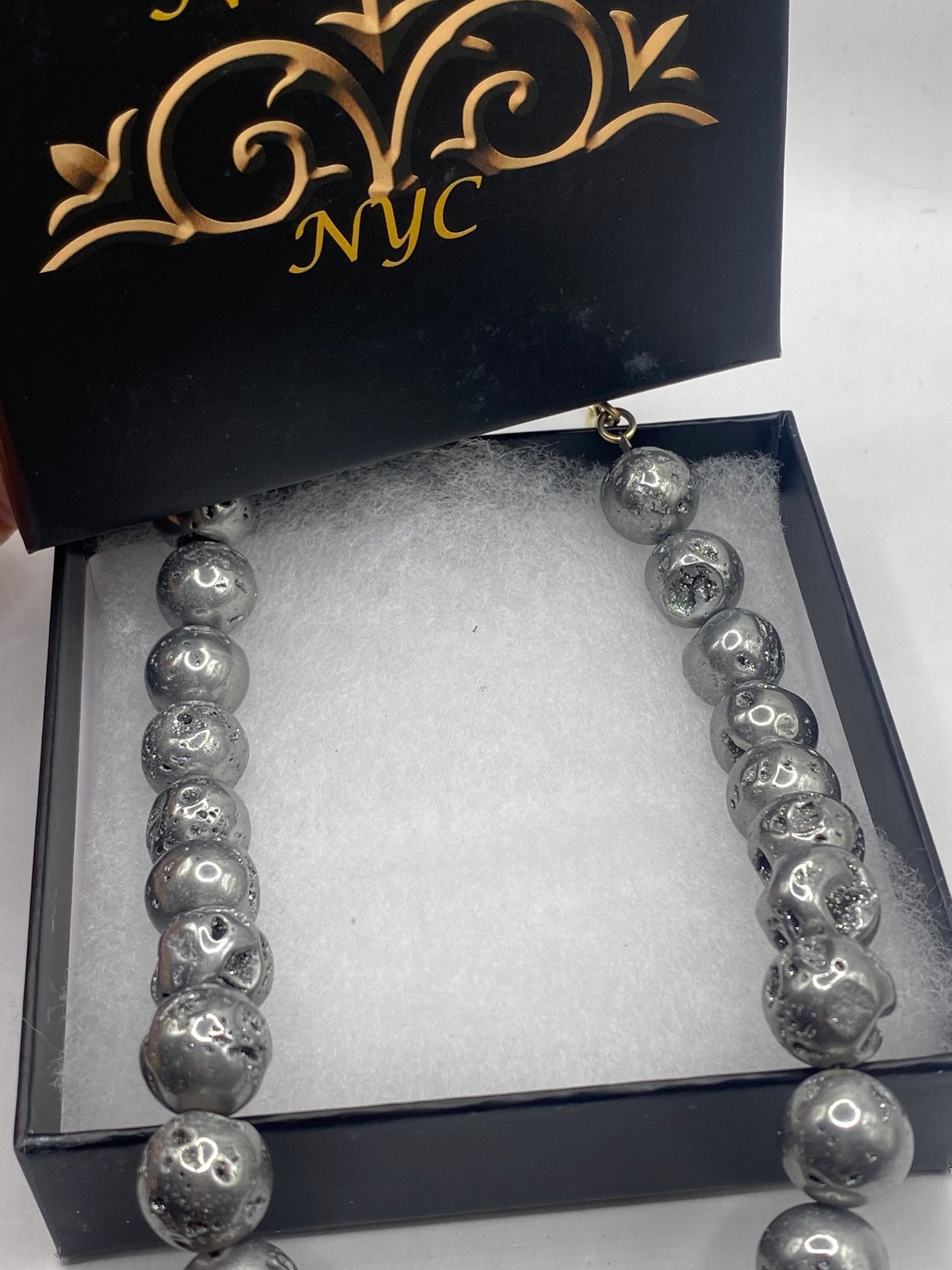 Vintage Handmade 925 Sterling Silver Rhodium Hemetite Druzy 17 Inch beaded Necklace