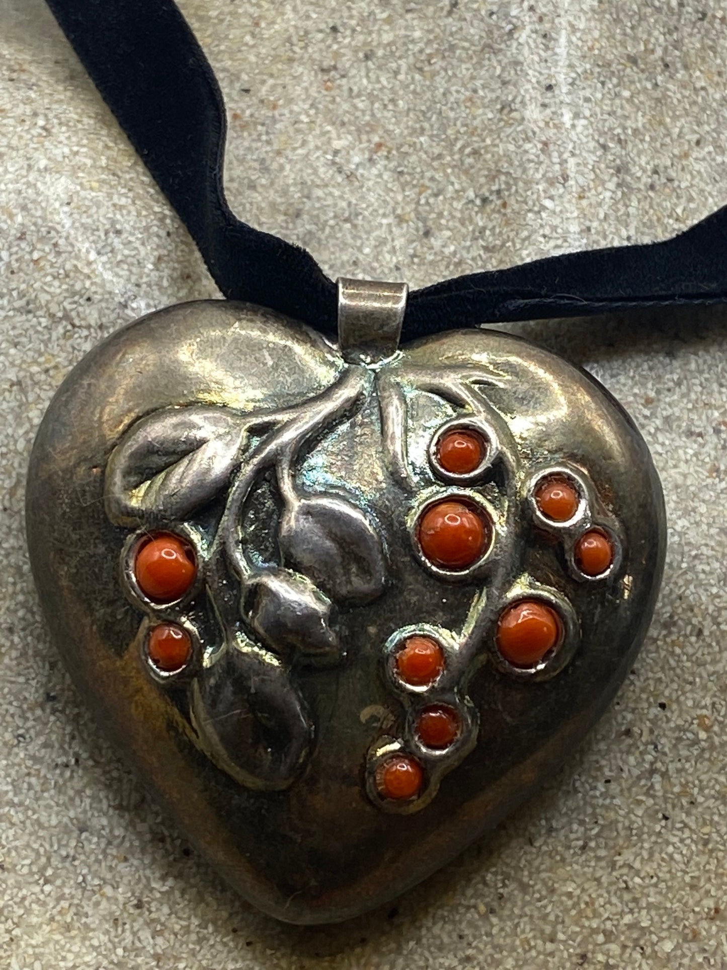 Vintage Red Coral Heart Pendant 925 Sterling Silver Choker Necklace