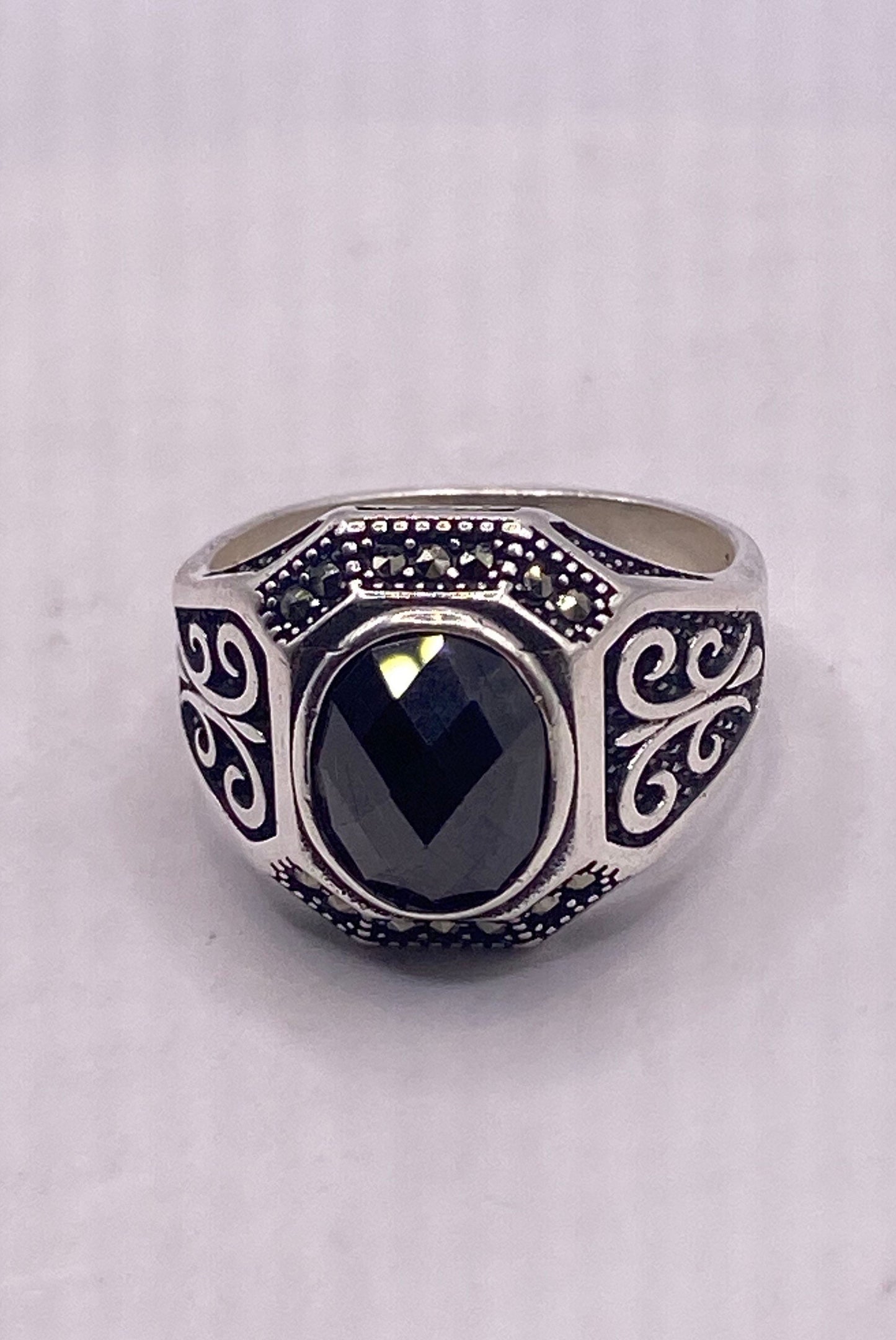 Vintage Hematite Marcasite 925 Sterling Silver Mens Ring