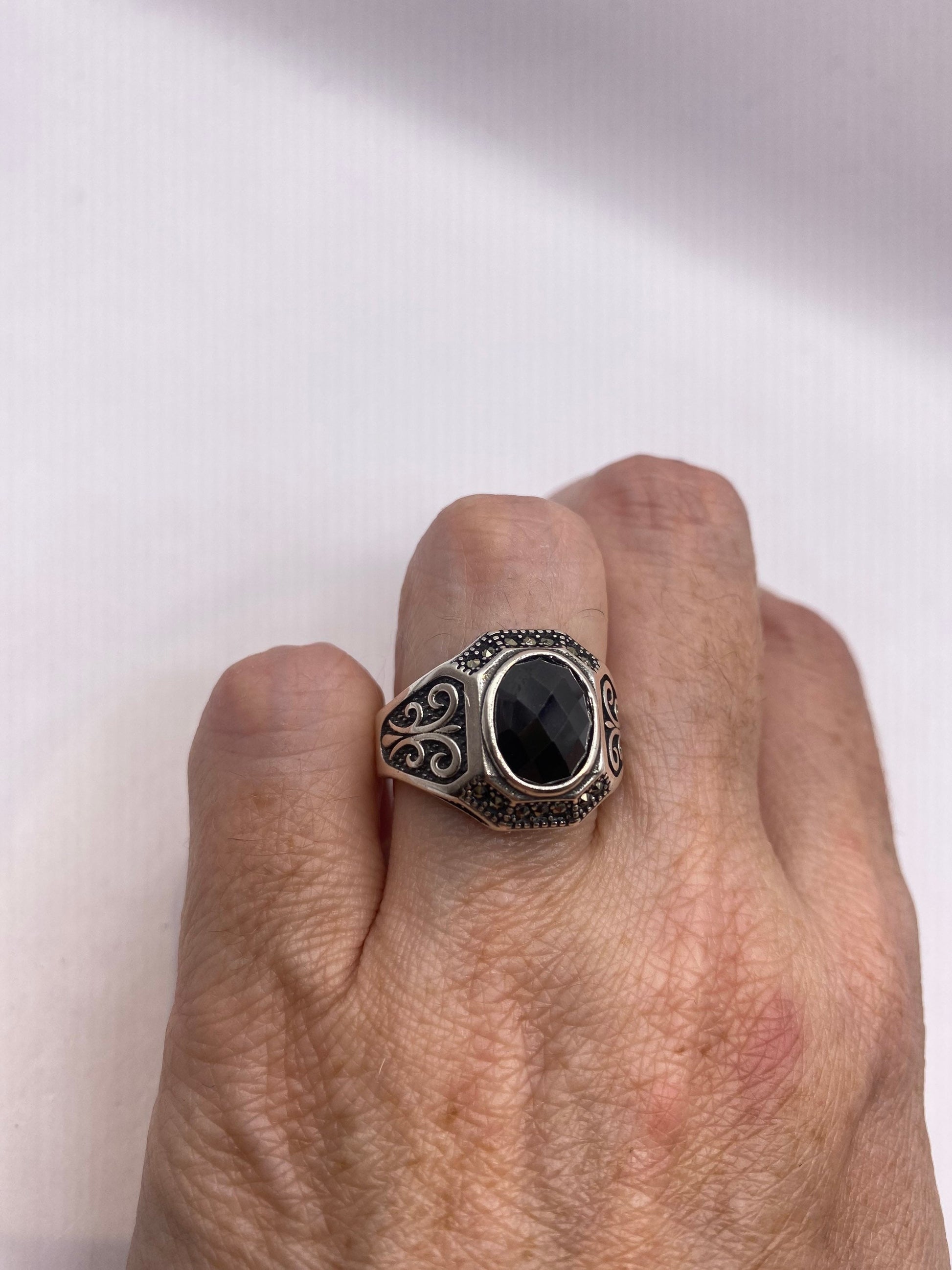 Vintage Hematite Marcasite 925 Sterling Silver Mens Ring