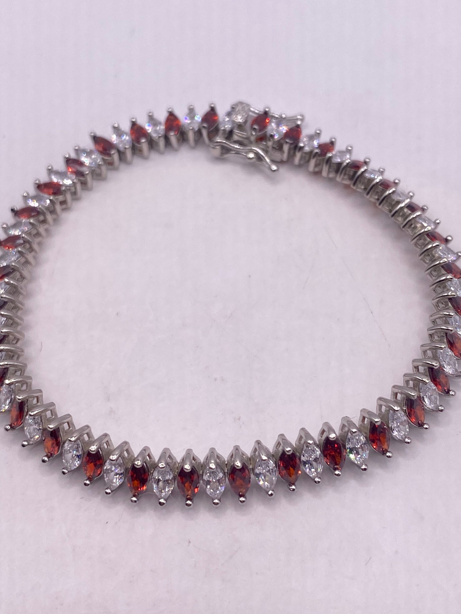 Vintage Red Garnet Tennis Bracelet in 925 Sterling Silver