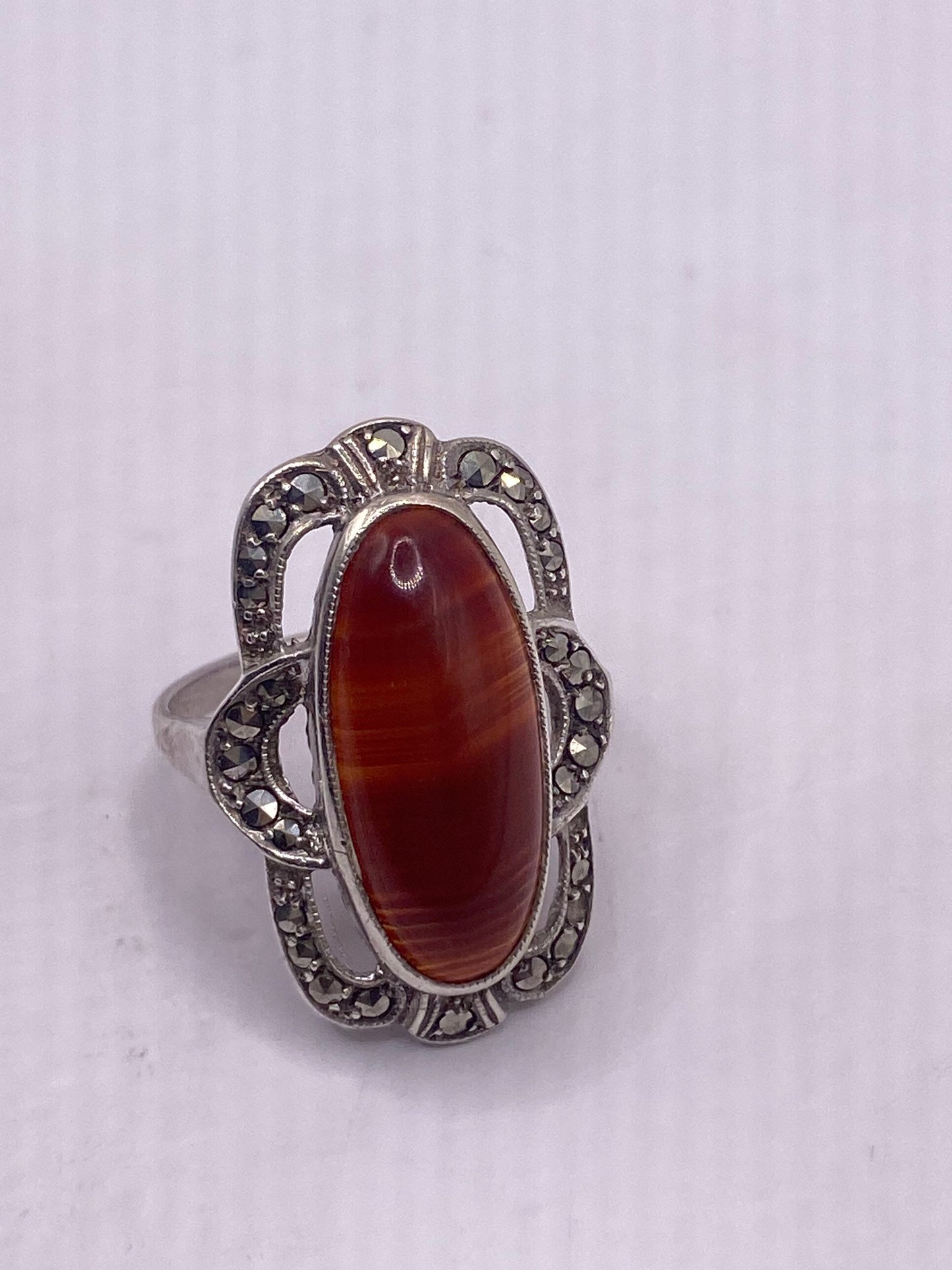 Vintage Genuine Red Carnelian 925 Sterling Silver Marcasite Ring