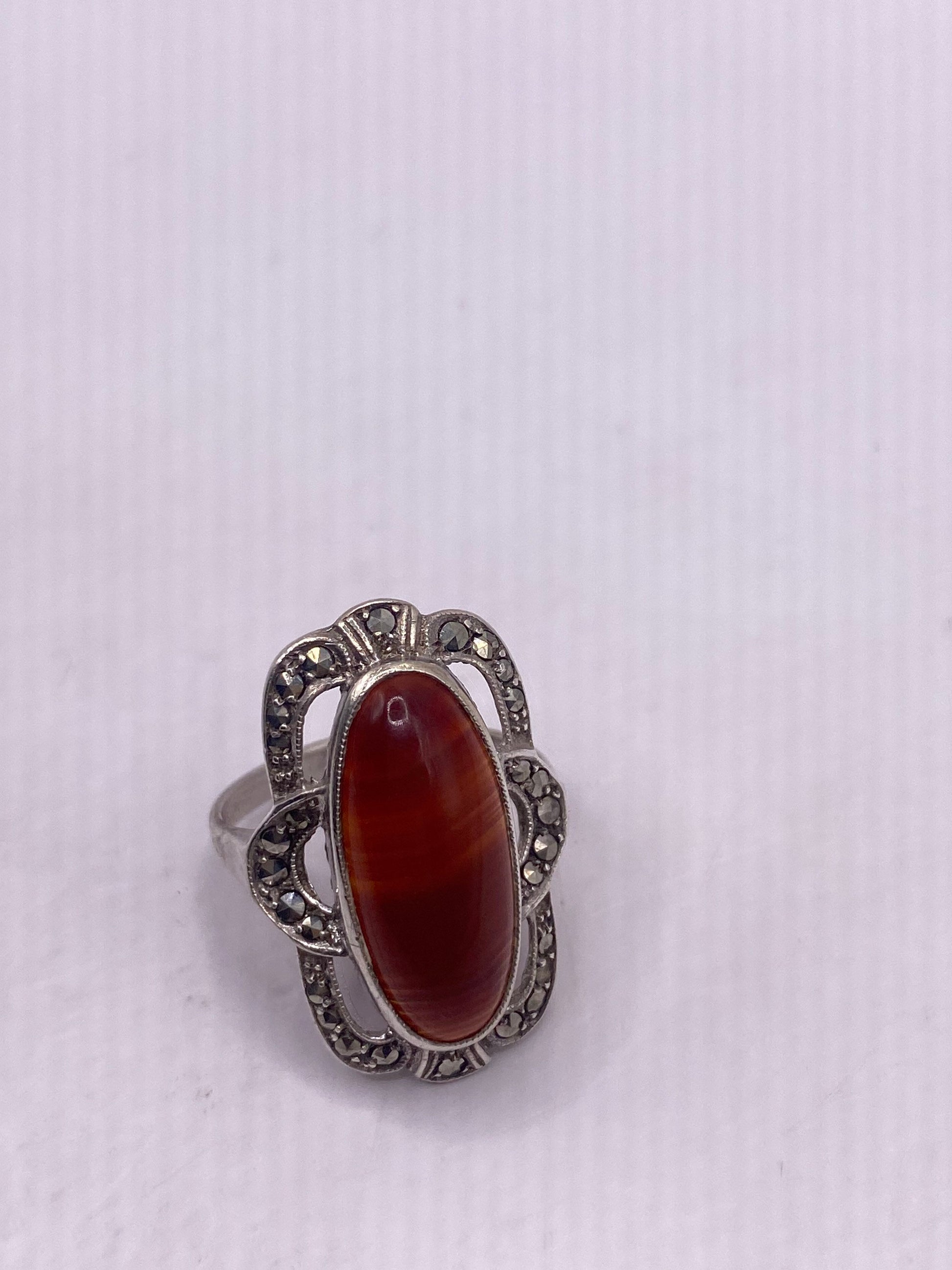 Vintage Genuine Red Carnelian 925 Sterling Silver Marcasite Ring