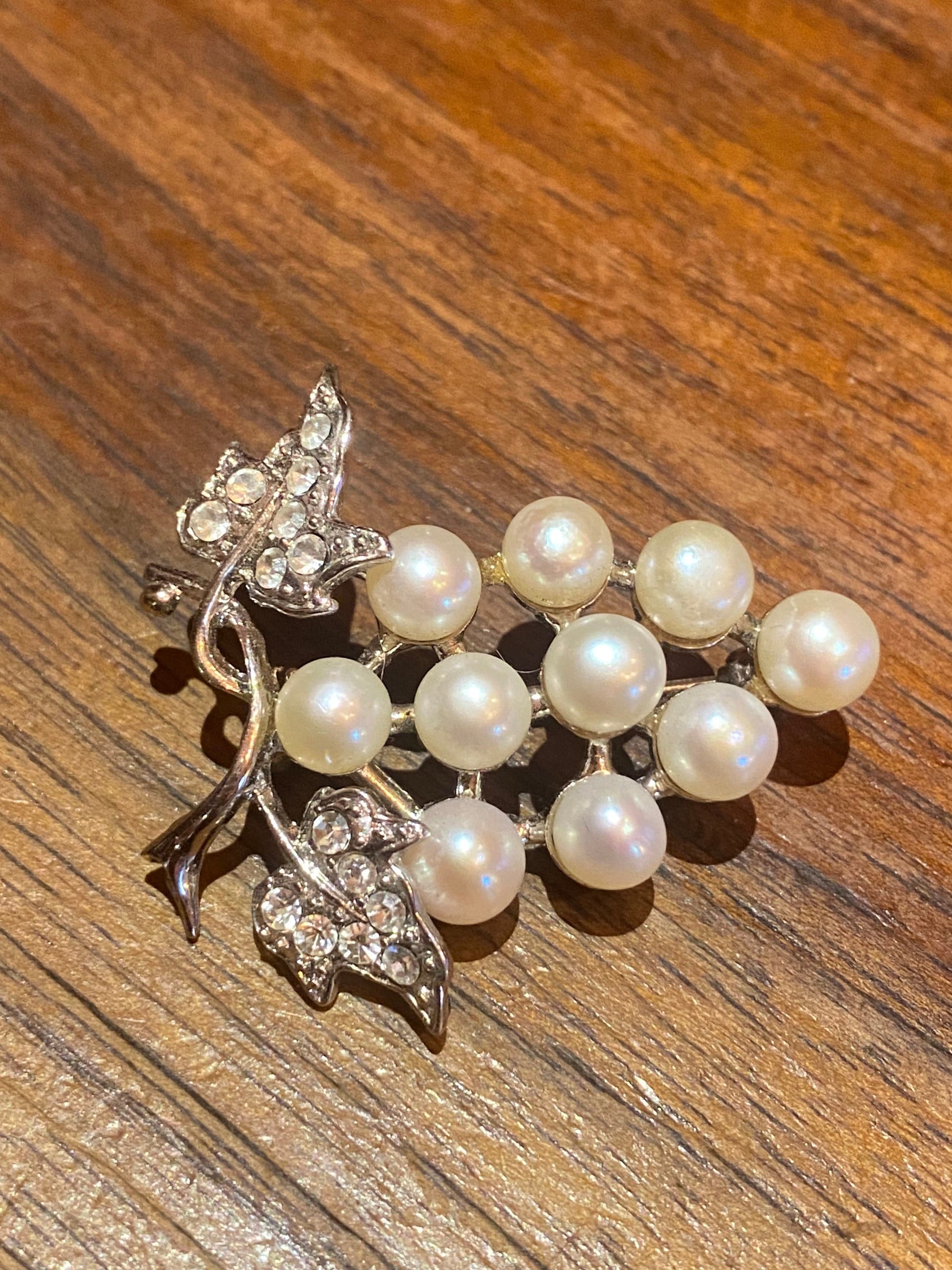 Vintage Pearl Grape Pin Silver Crystal Brooch