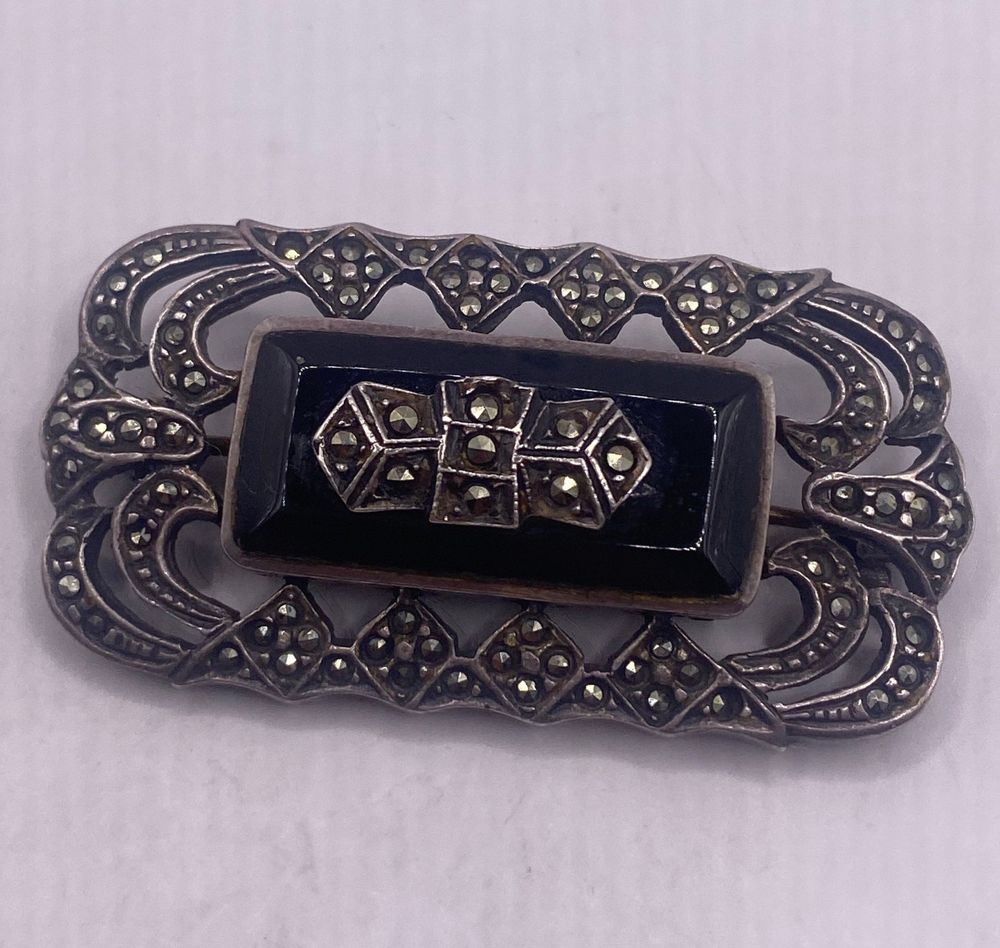 Vintage Black Onyx Pin Marcasite 925 Sterling Silver Brooch