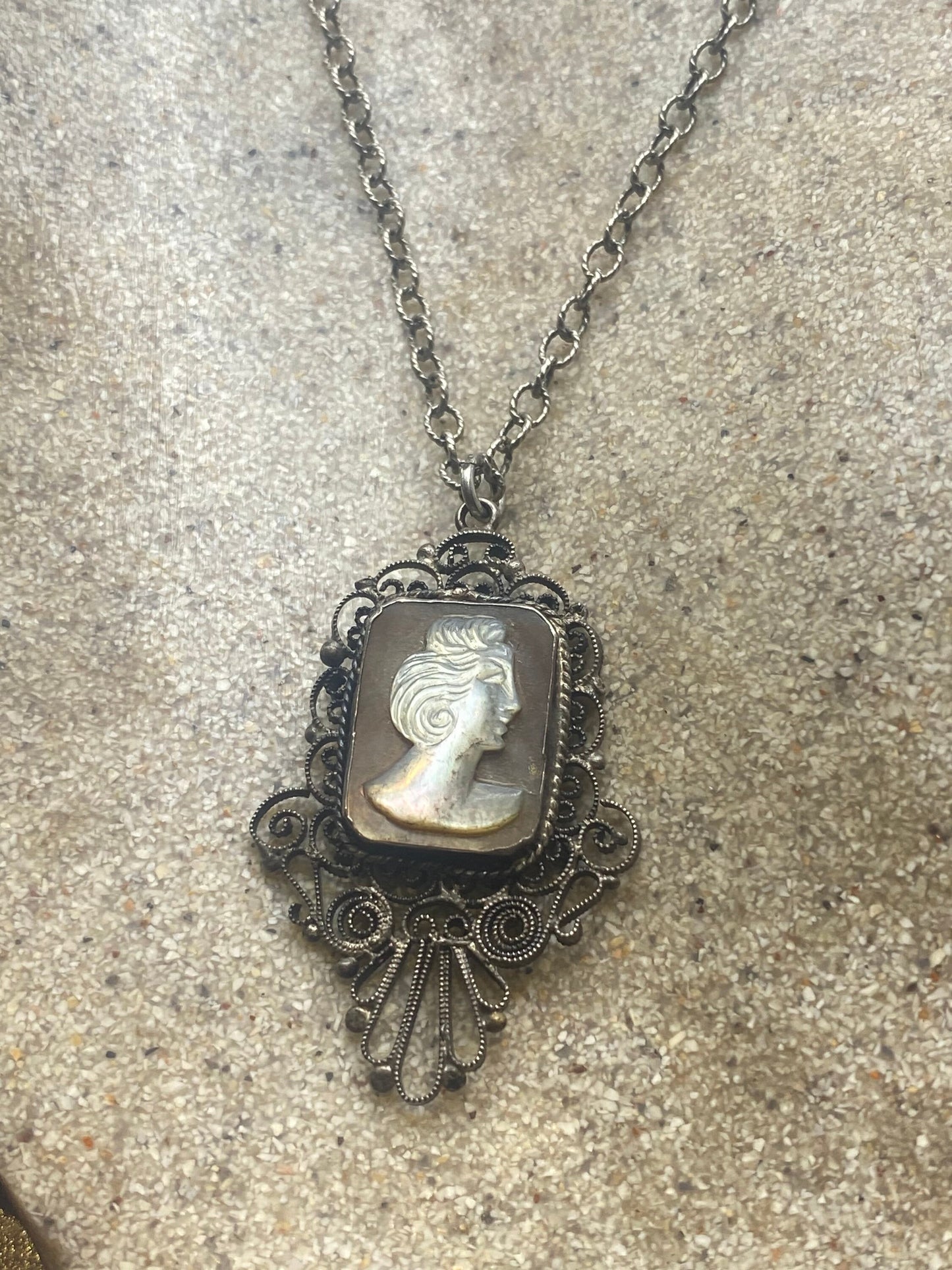 Vintage Mother of Pearl Cameo Sterling Silver Necklace Choker