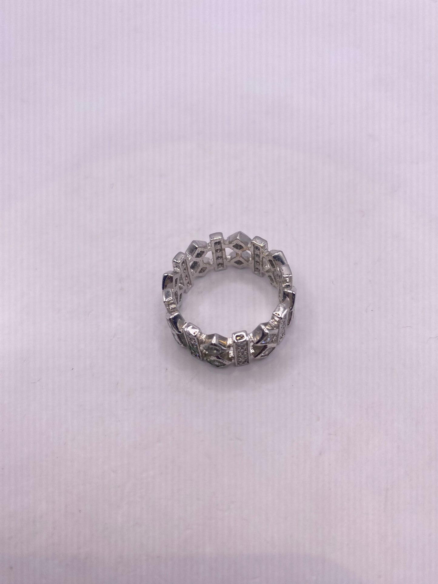 Vintage White Crystal 925 Sterling Silver Wedding Eternity Band Ring