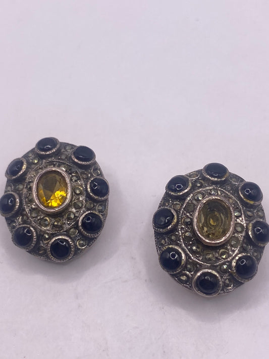Vintage Marcasite Citrine Black Onyx 925 Sterling Silver Clip On Button Earrings
