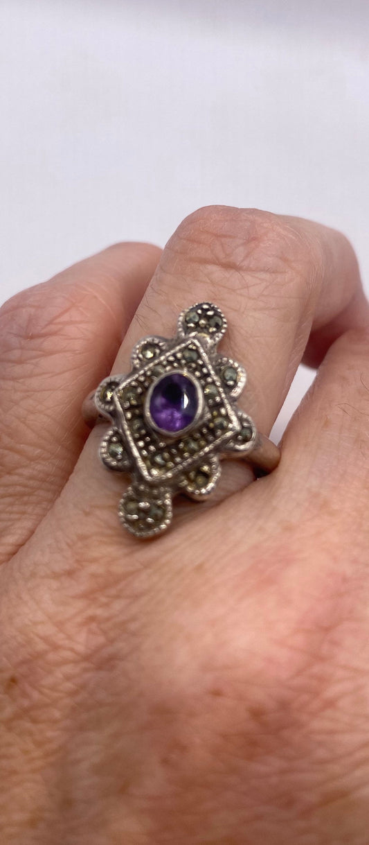 Vintage Amethyst Marcasite Ring 925 Sterling Silver Cocktail Statement