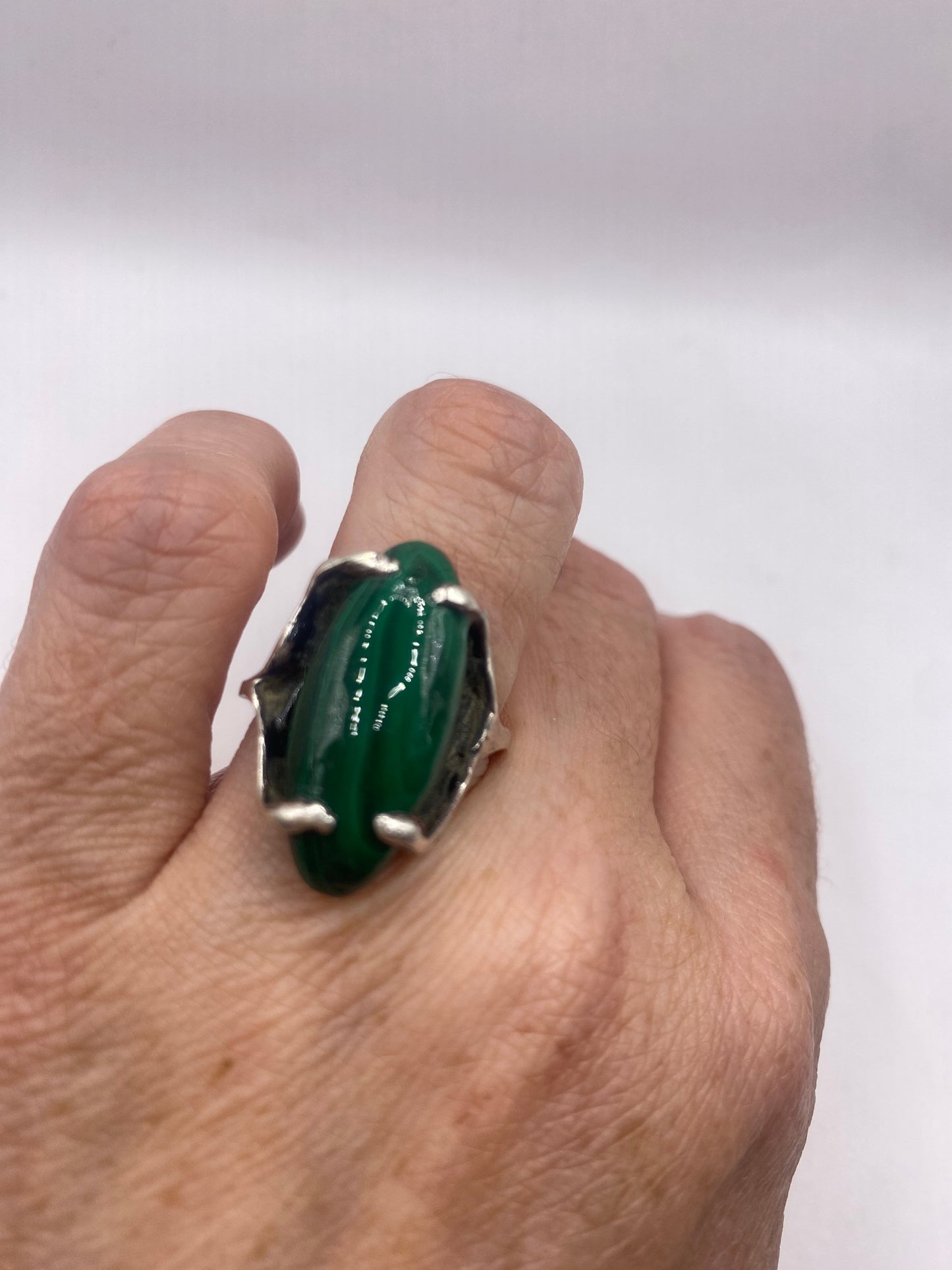 Vintage Green Malachite 925 Sterling Silver Statement Ring