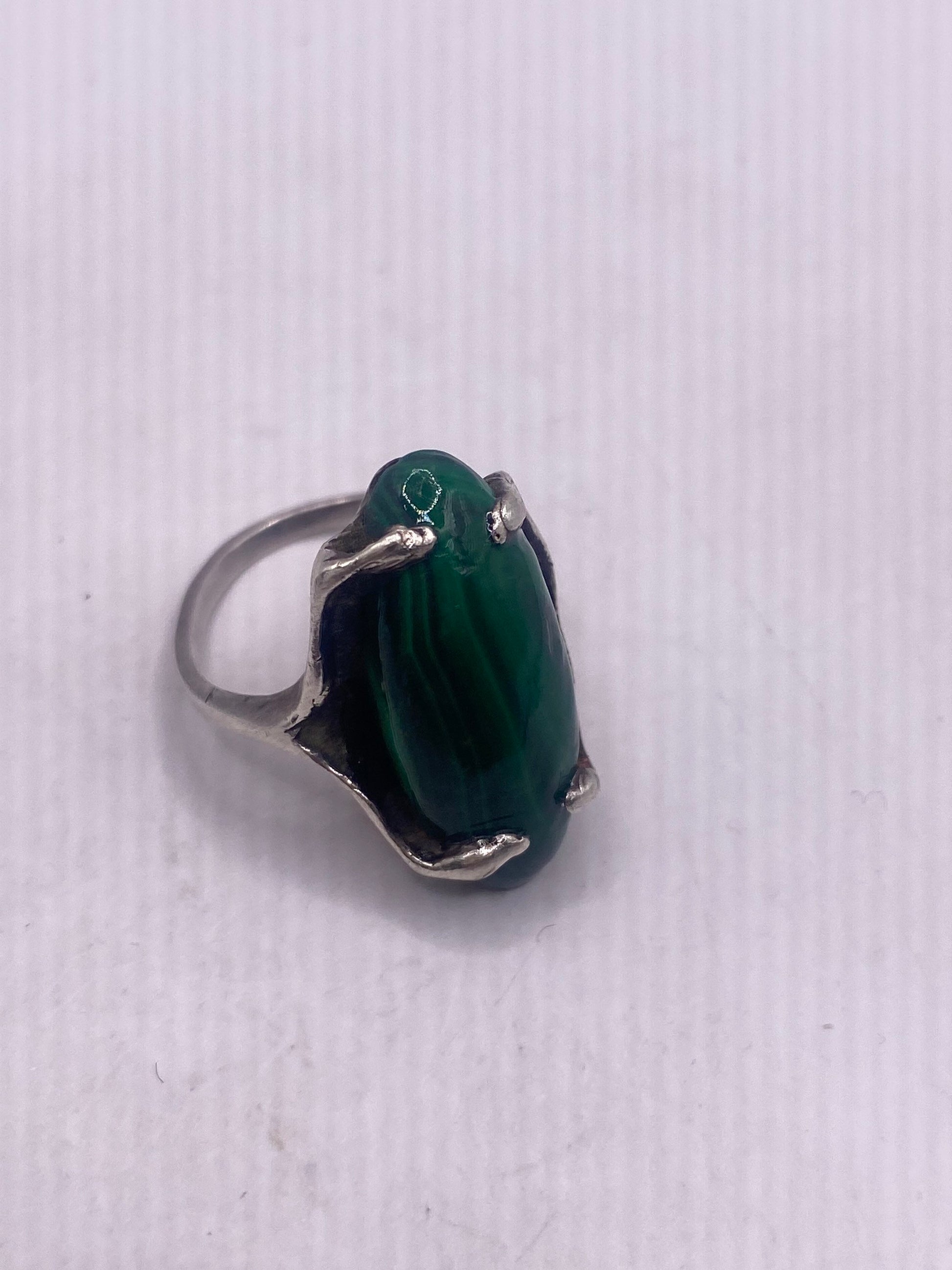 Vintage Green Malachite 925 Sterling Silver Statement Ring