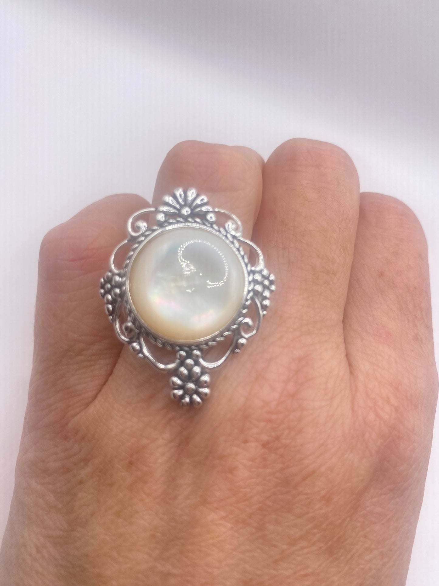 Antique White Mother of Pearl Filigree Sterling Silver Ring