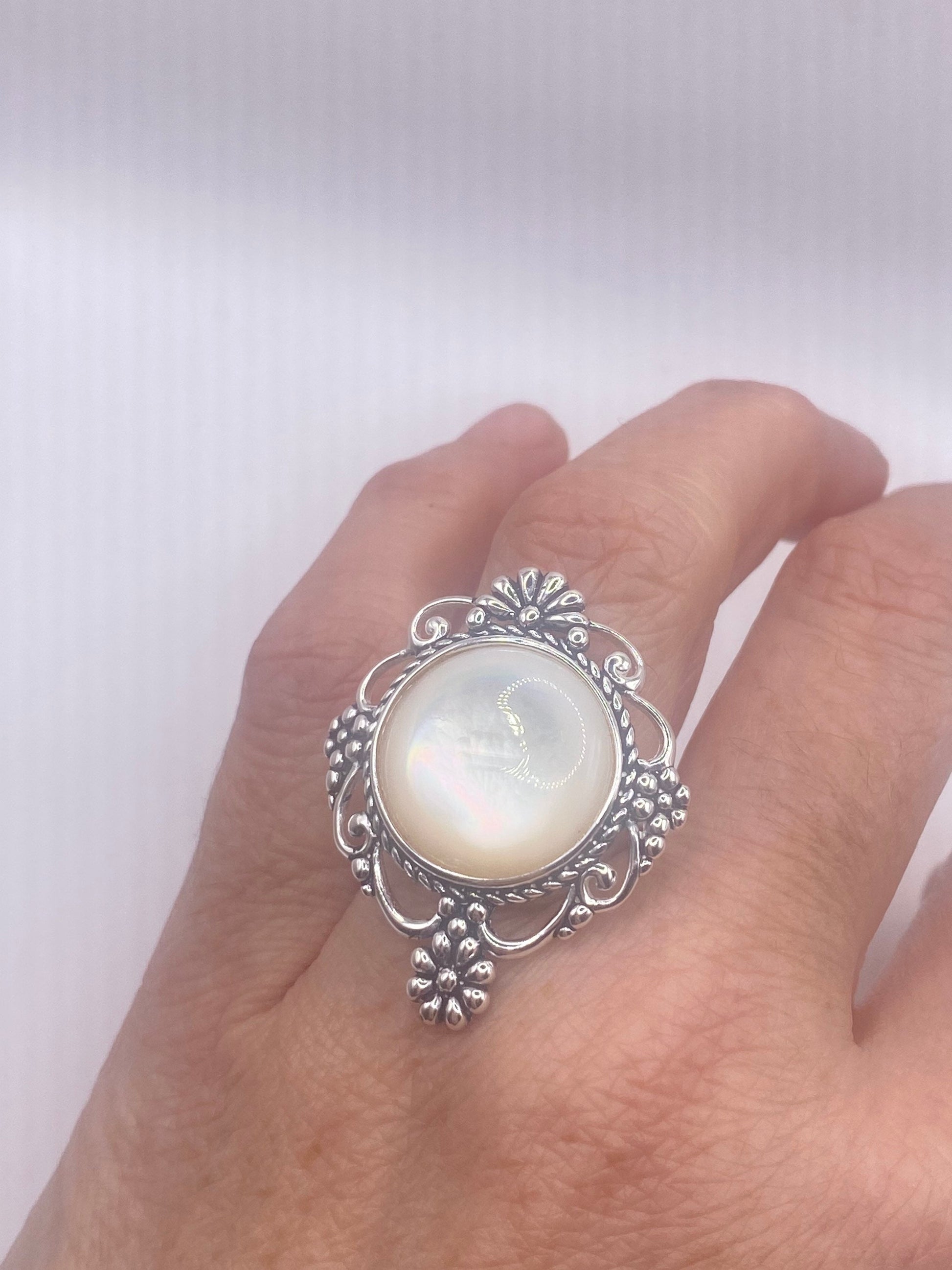 Antique White Mother of Pearl Filigree Sterling Silver Ring