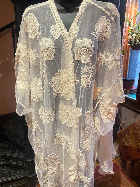 Lace Kimono Jacket Vintage Style Ivory Embroidered Wrap