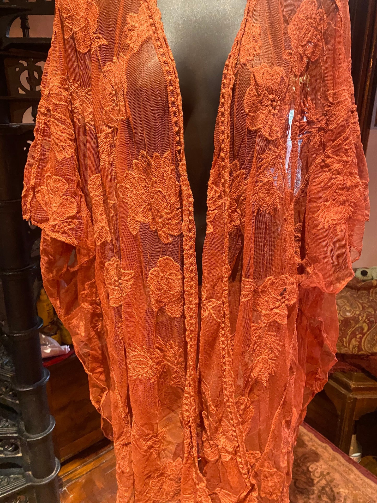 Lace Kimono Jacket Vintage Style Brunt Orange Embroidered Wrap