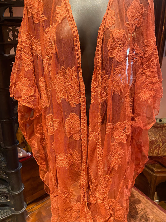 Lace Kimono Jacket Vintage Style Brunt Orange Embroidered Wrap