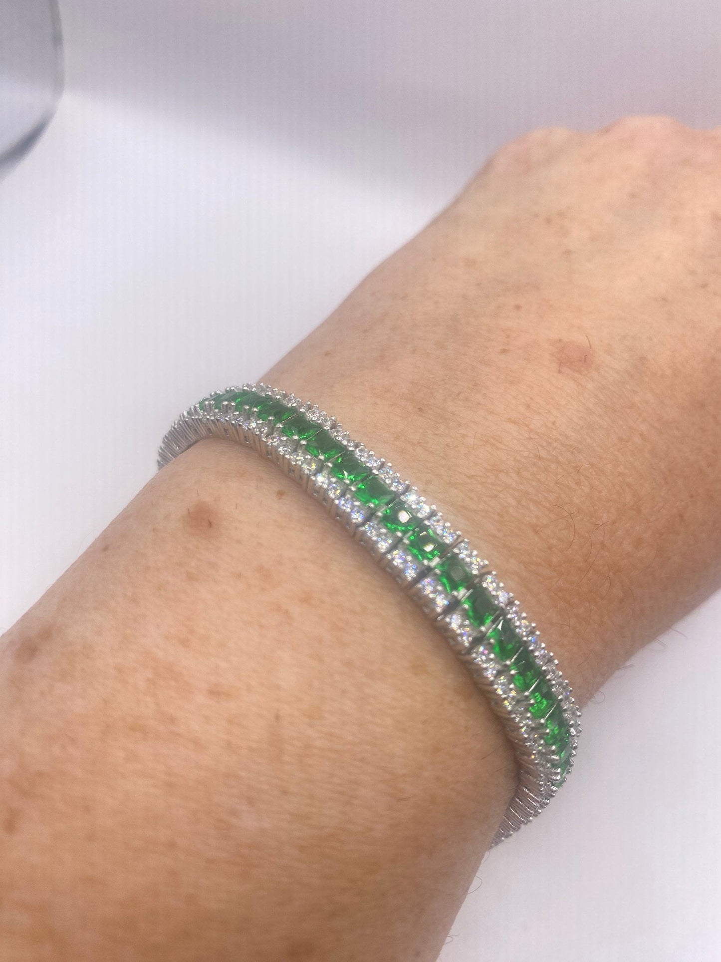 Vintage Cubic Zirconia Green Chrome Diopside 925 Sterling Silver Tennis Bracelet 7 inch