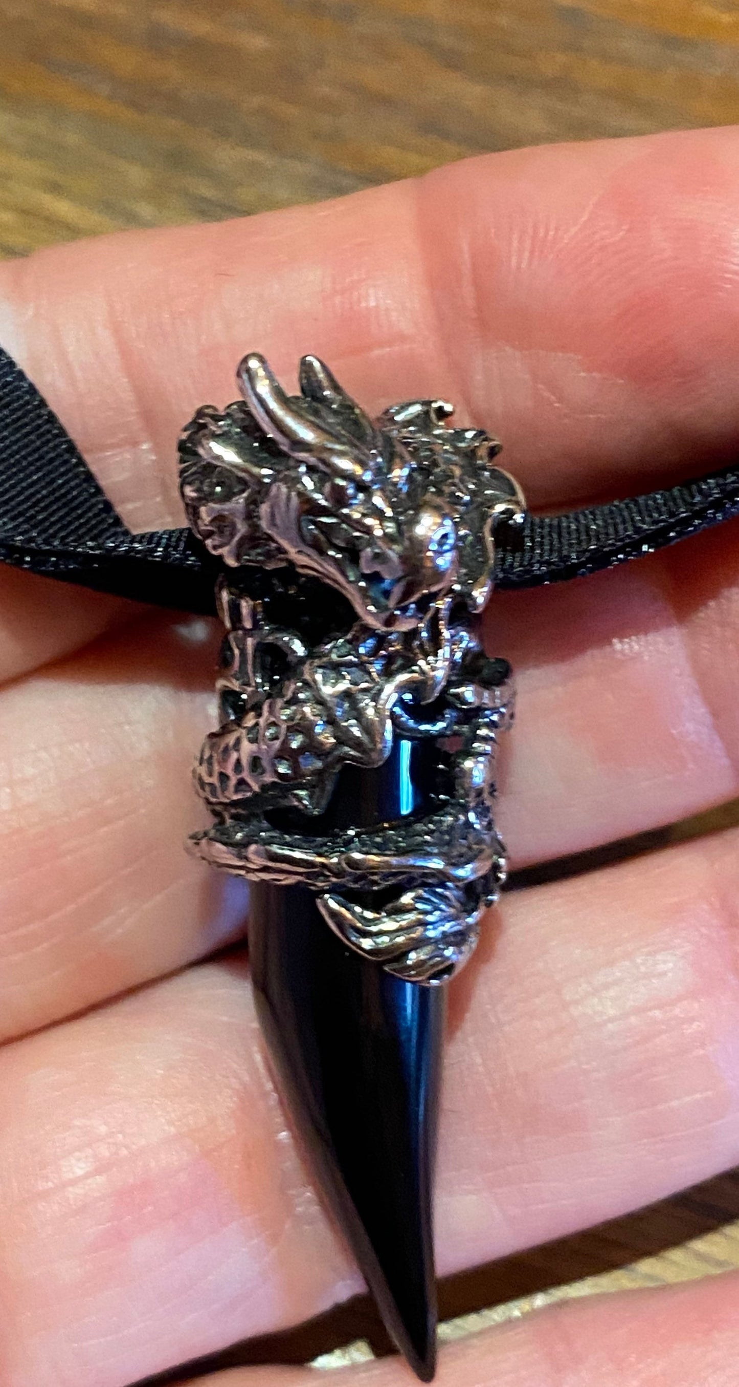 Vintage Silver Black Onyx Stainless Steel Gothic Celtic Dragon Pendant Necklace