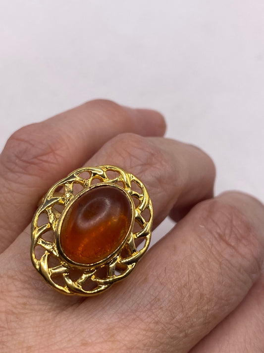 Vintage Baltic Resin Ring Gold 925 Sterling Silver Cocktail Ring