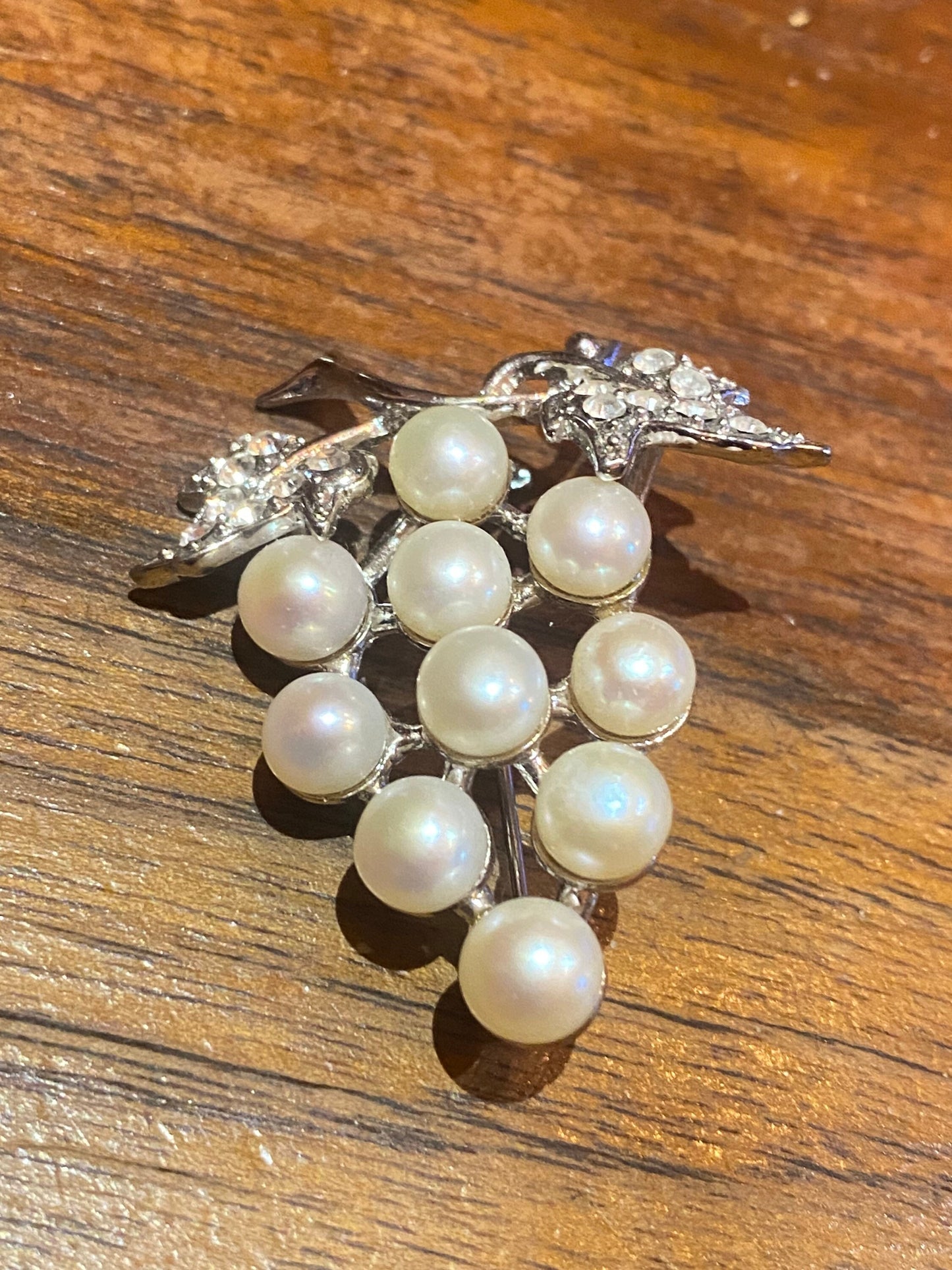 Vintage Pearl Grape Pin Silver Crystal Brooch