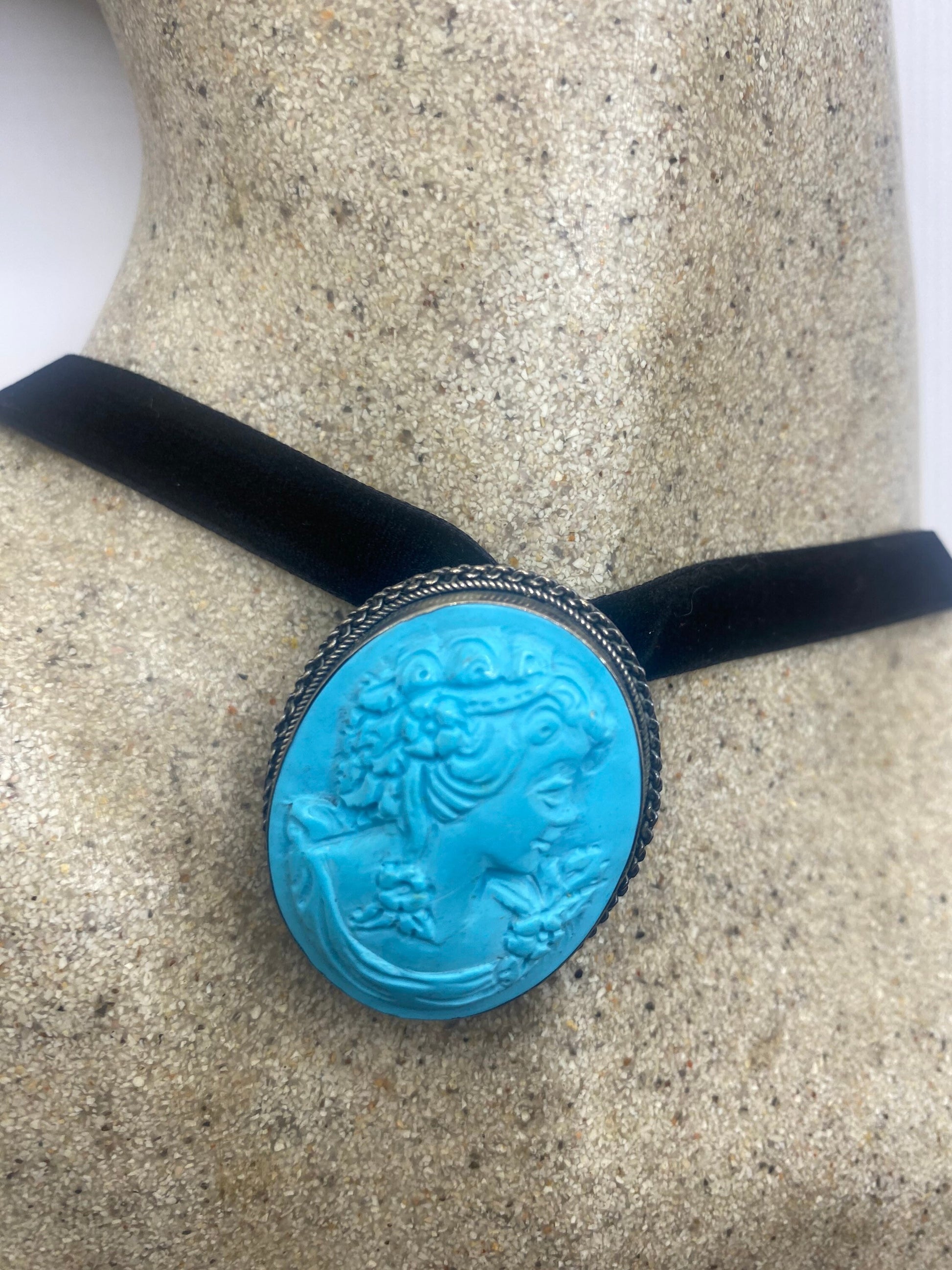 Vintage Persian Turquoise Cameo Choker 925 Sterling Silver Pin Brooch