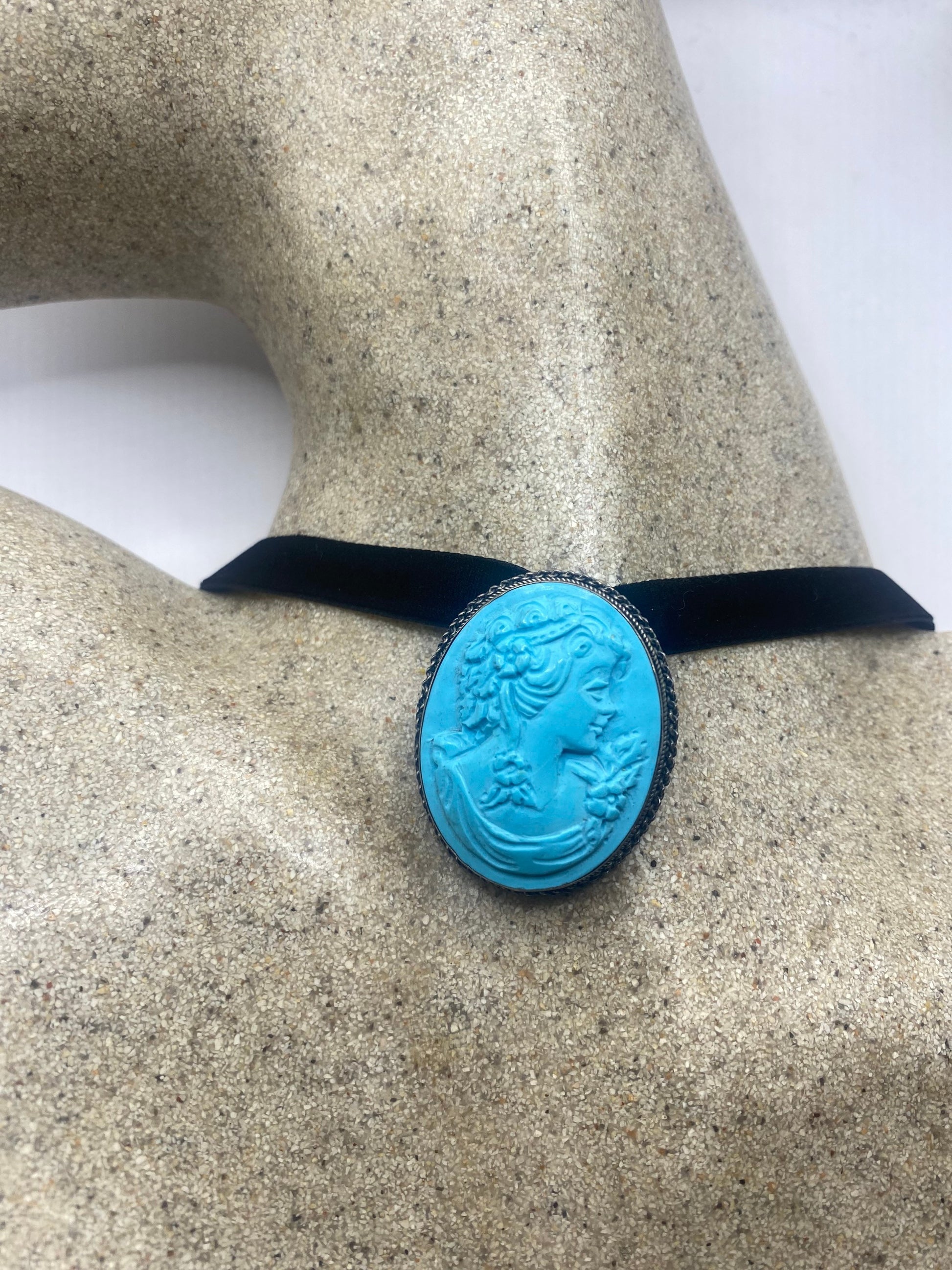 Vintage Persian Turquoise Cameo Choker 925 Sterling Silver Pin Brooch