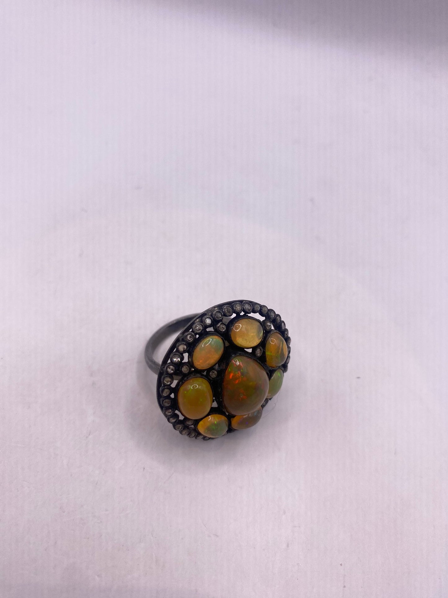 Vintage Orange Fire Opal Rose Cut Diamond in 925 Sterling Silver Cocktail Ring