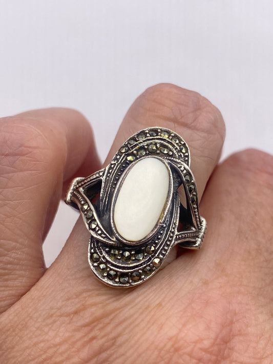 Vintage Marcasite Ring Mother of Pearl 925 Sterling Silver Cocktail Statement