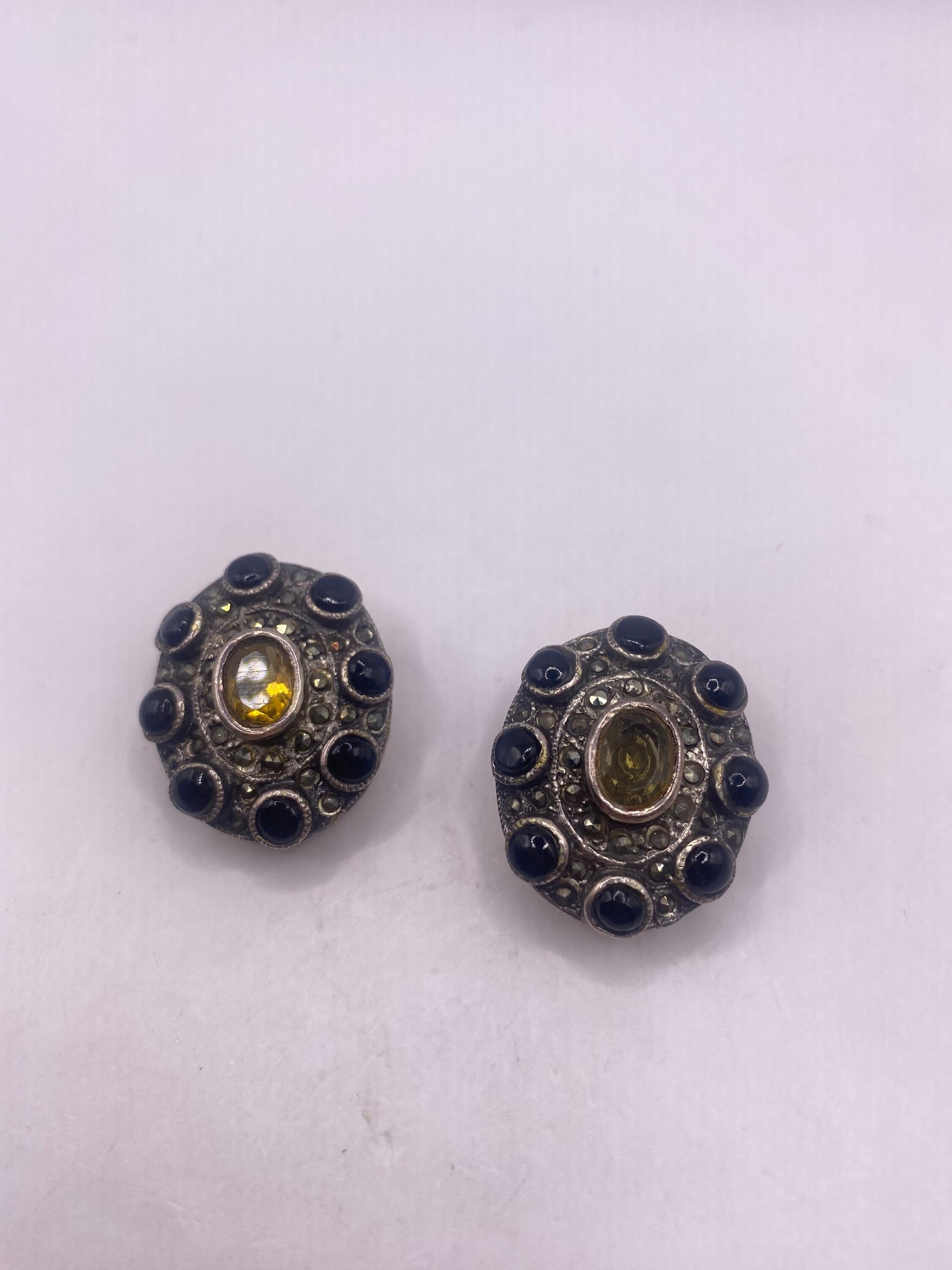 Vintage Marcasite Citrine Black Onyx 925 Sterling Silver Clip On Button Earrings