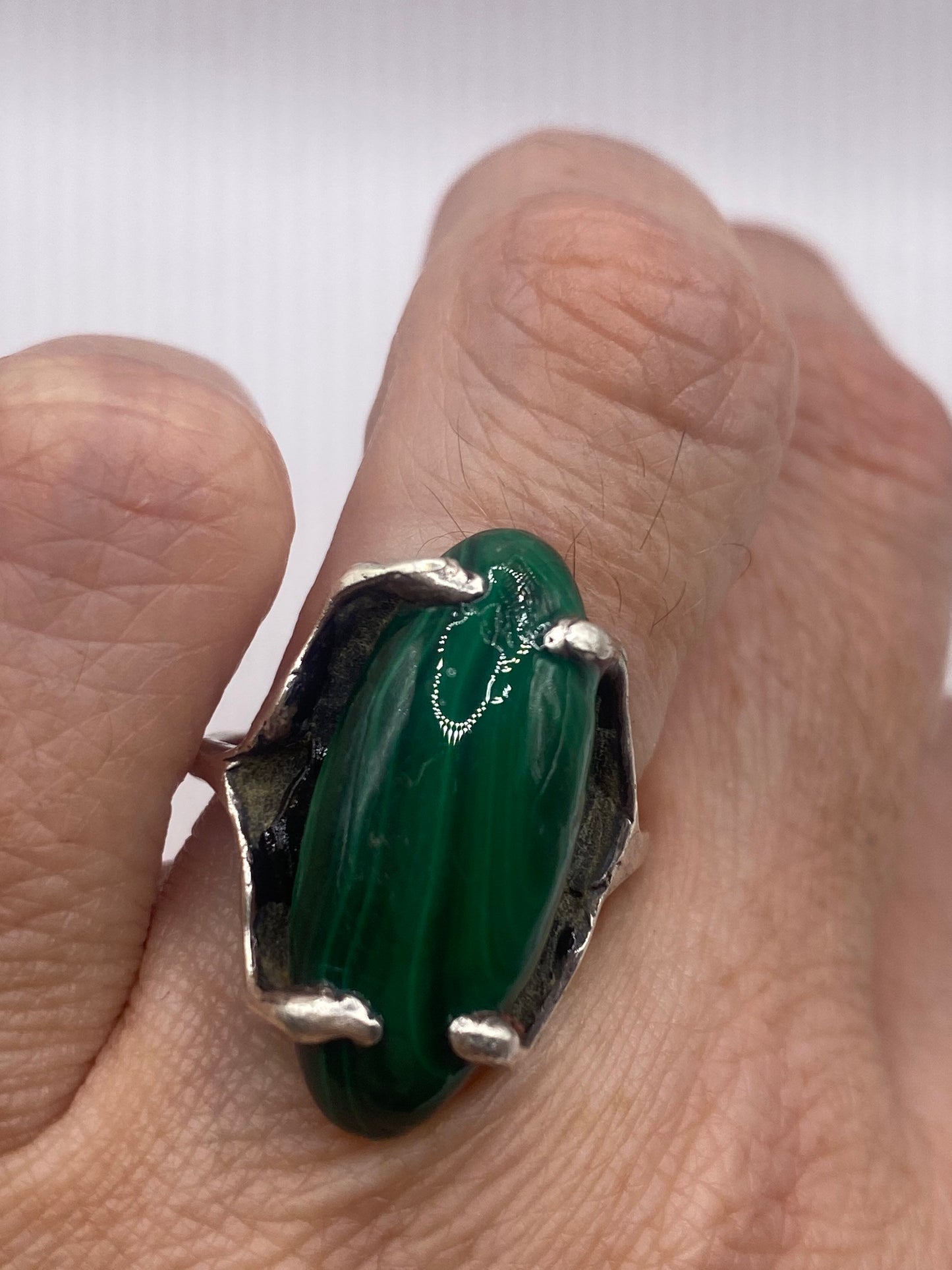 Vintage Green Malachite 925 Sterling Silver Statement Ring