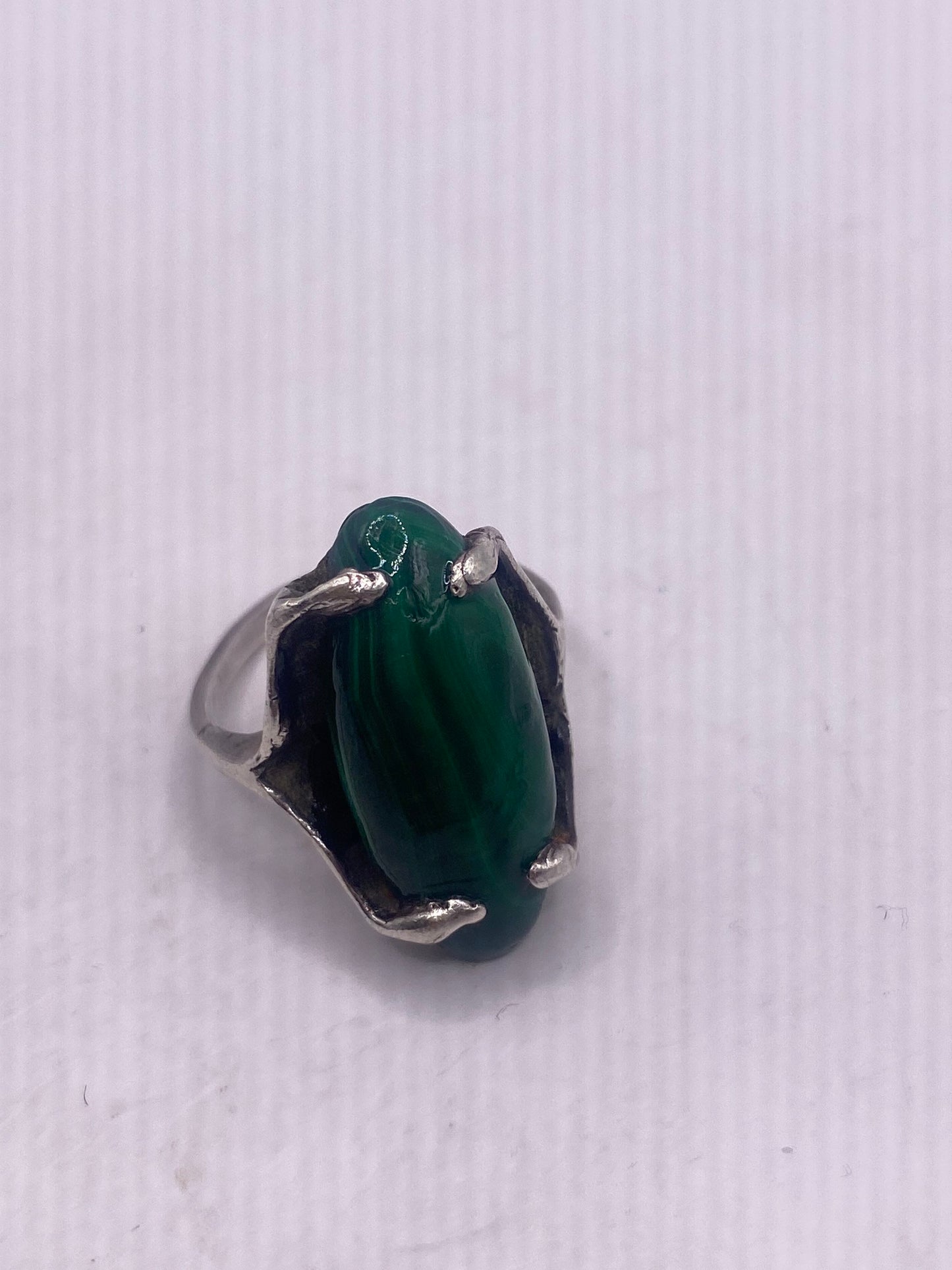 Vintage Green Malachite 925 Sterling Silver Statement Ring