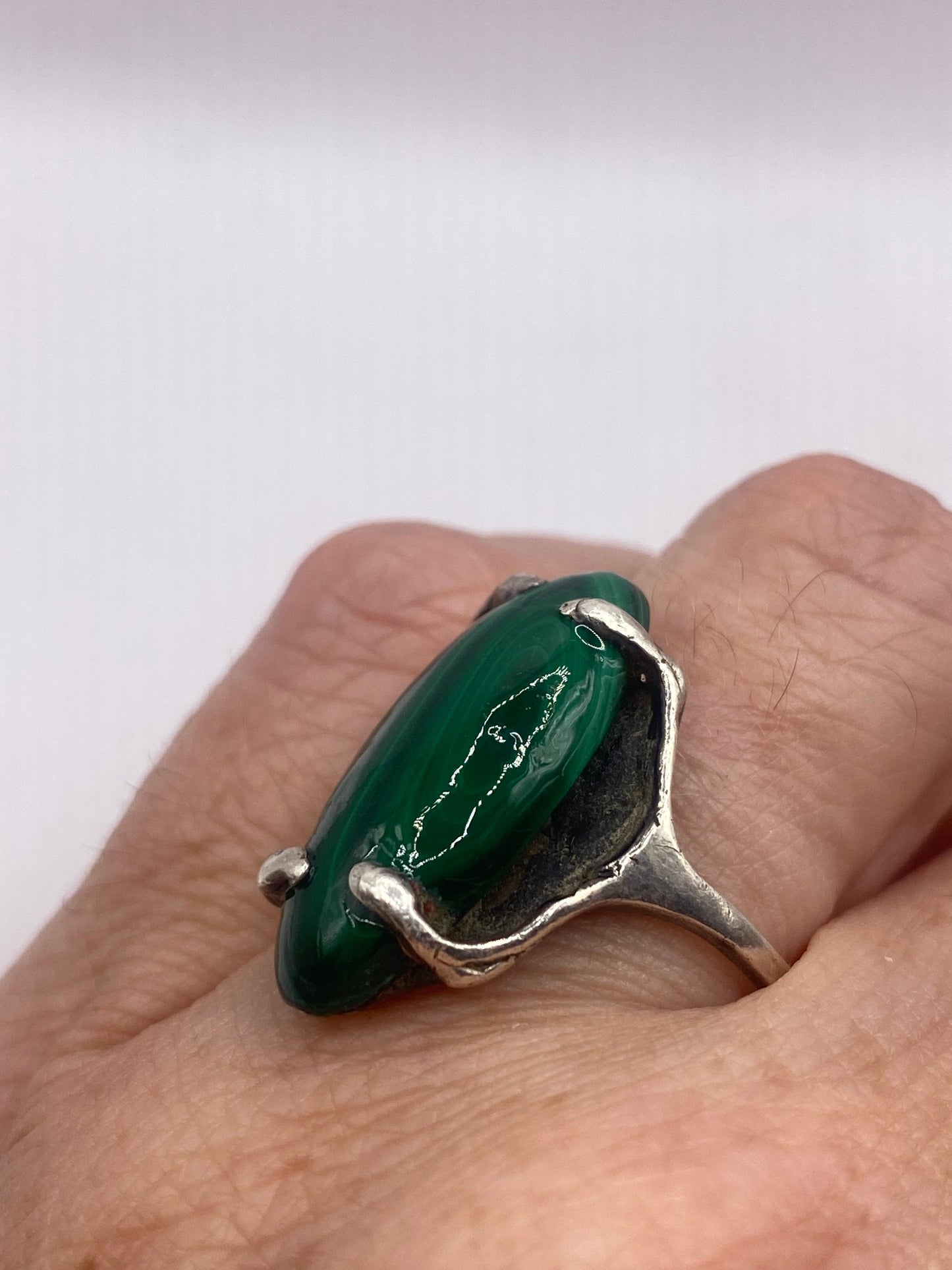 Vintage Green Malachite 925 Sterling Silver Statement Ring