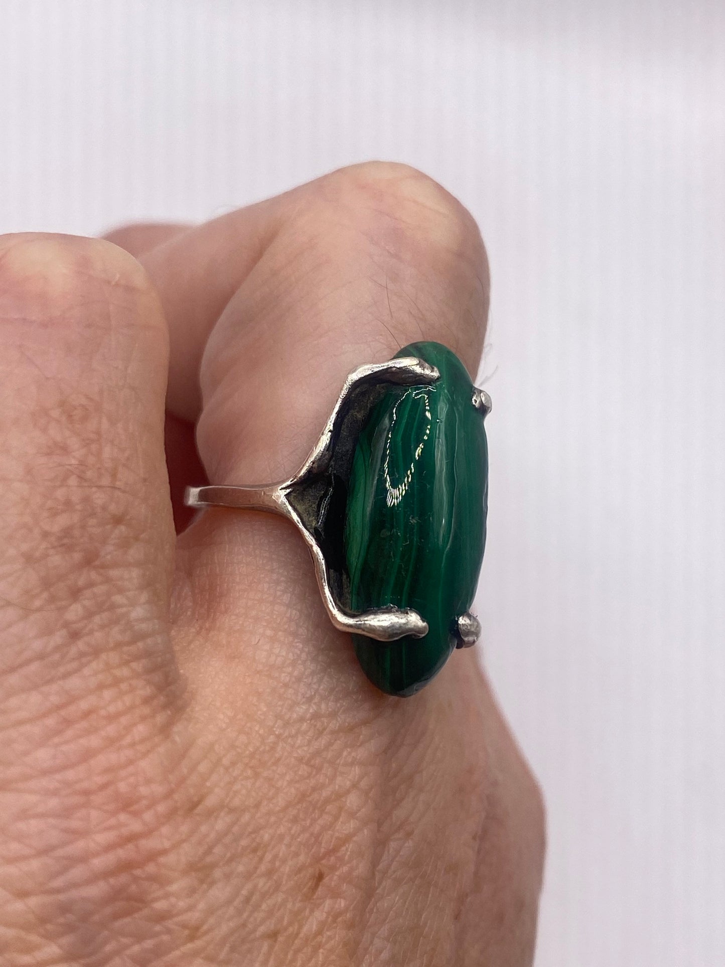 Vintage Green Malachite 925 Sterling Silver Statement Ring