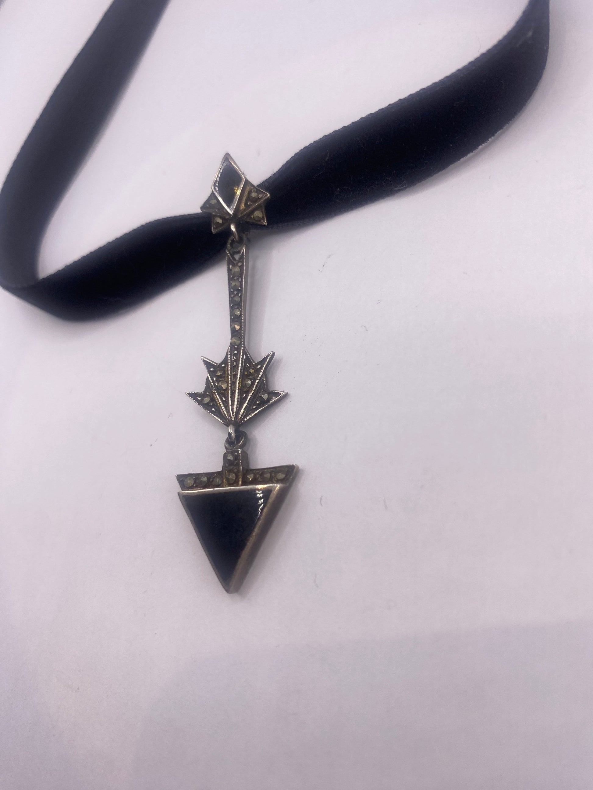 Vintage Marcasite 925 Sterling Silver Black Onyx Choker Dangle Pendant Necklace
