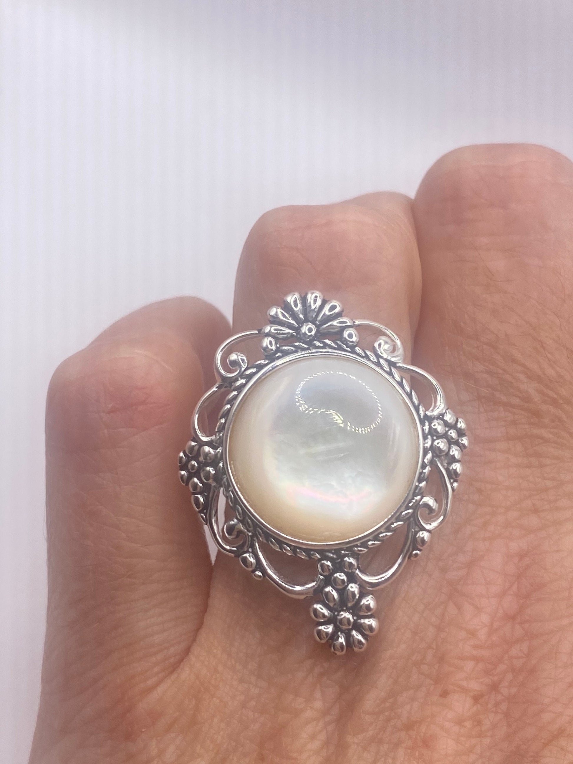 Antique White Mother of Pearl Filigree Sterling Silver Ring