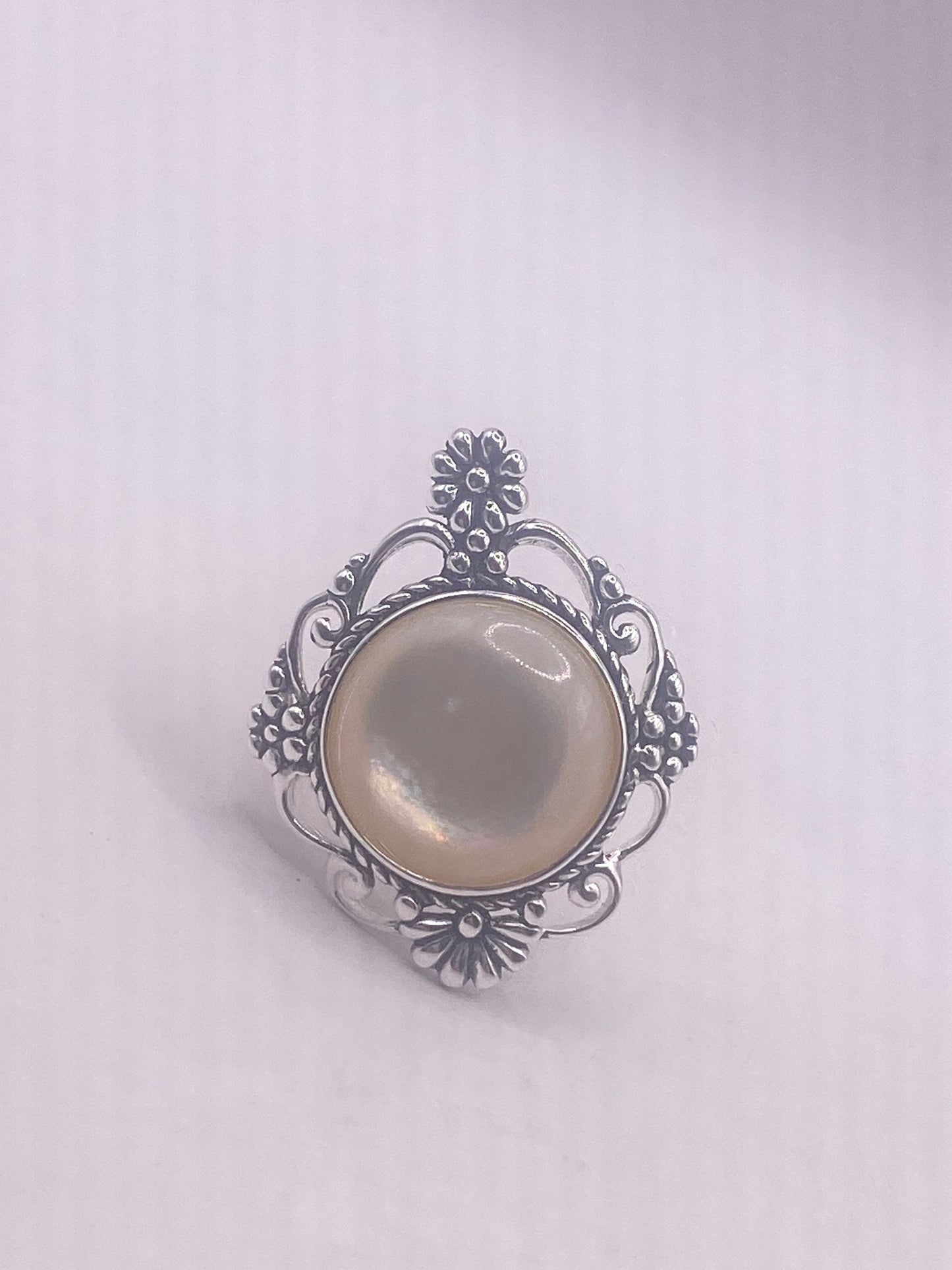 Antique White Mother of Pearl Filigree Sterling Silver Ring