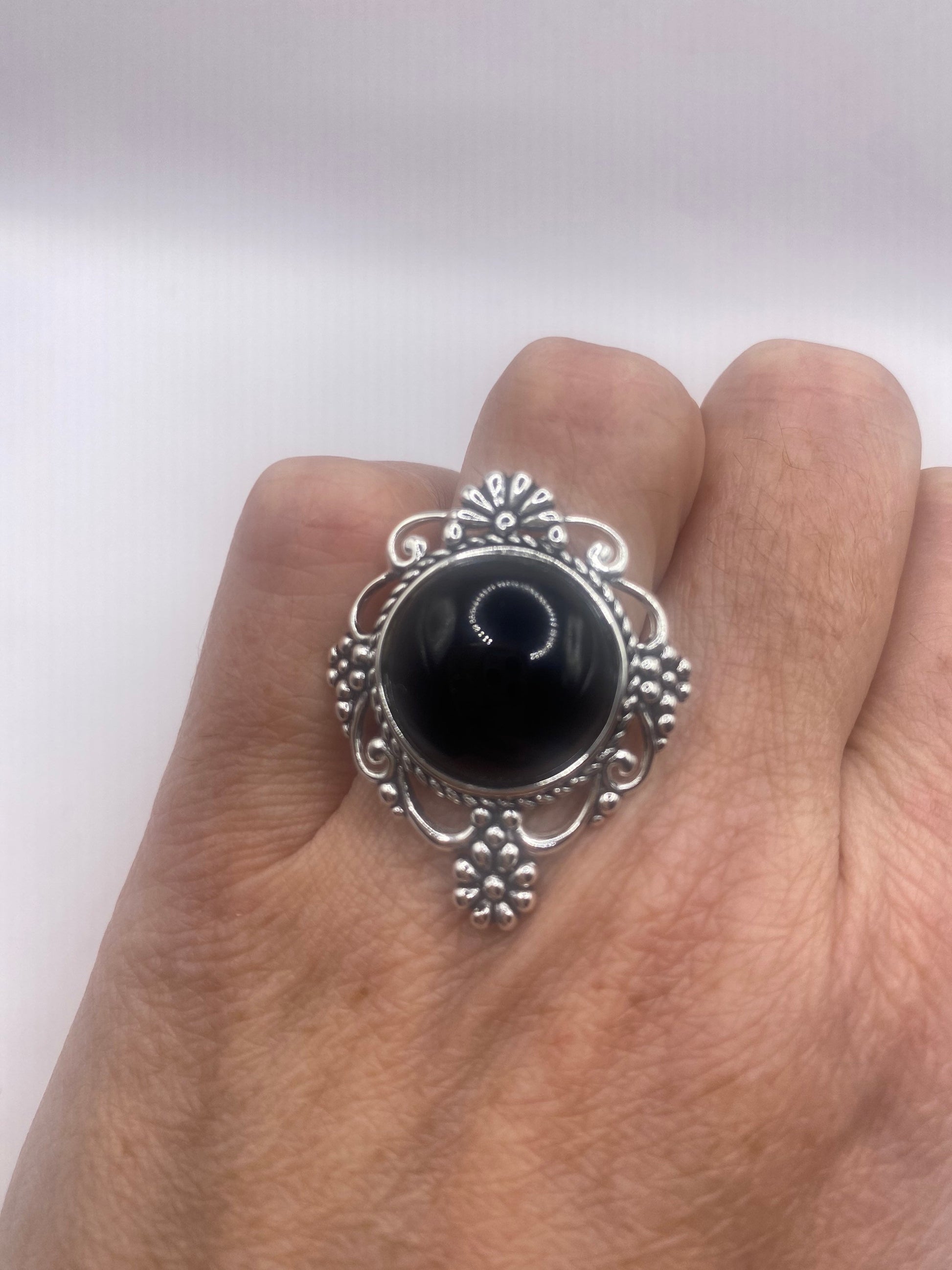 Vintage Celtic Genuine Black Onyx 925 Sterling Silver Ring