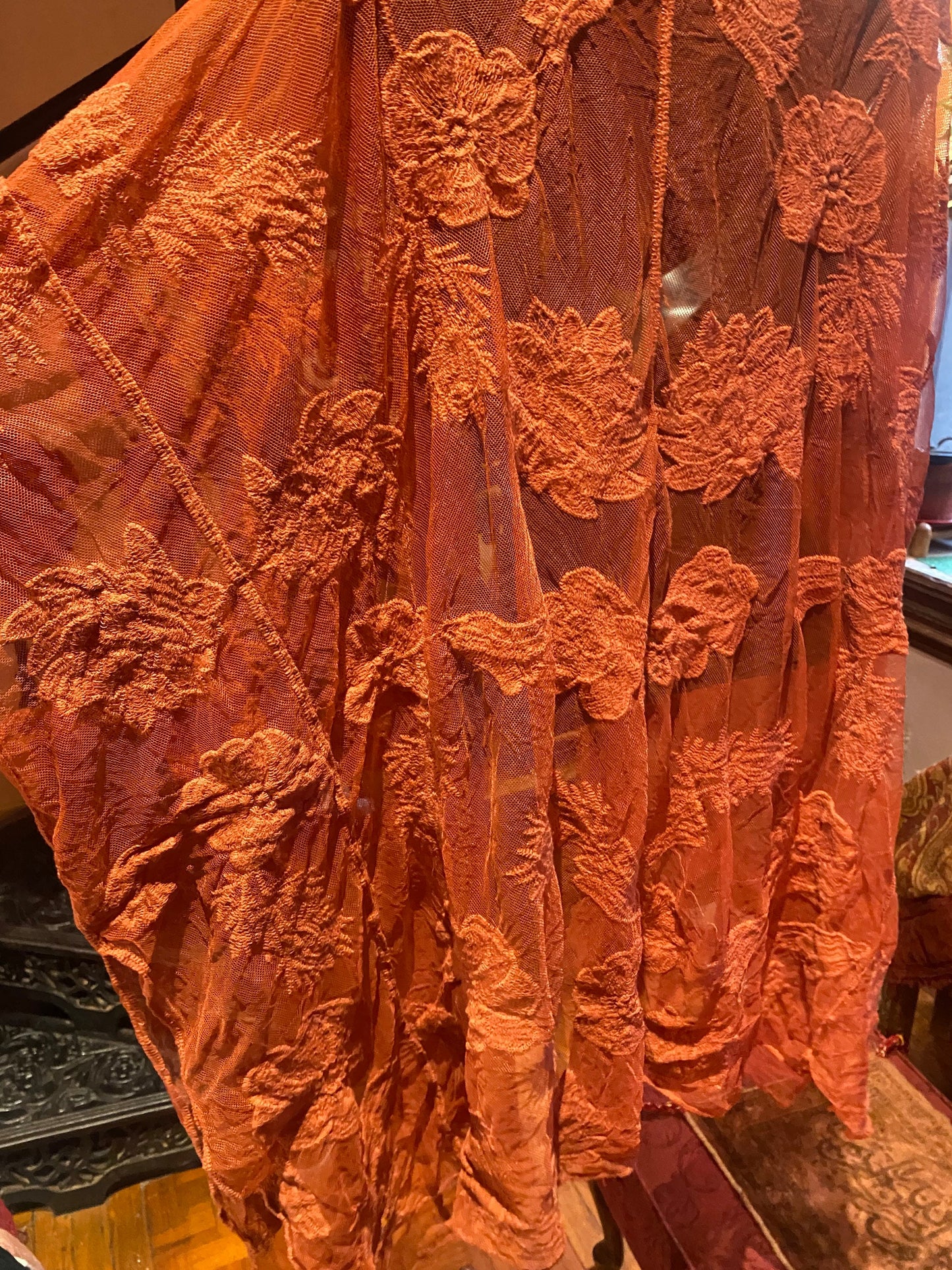 Lace Kimono Jacket Vintage Style Brunt Orange Embroidered Wrap