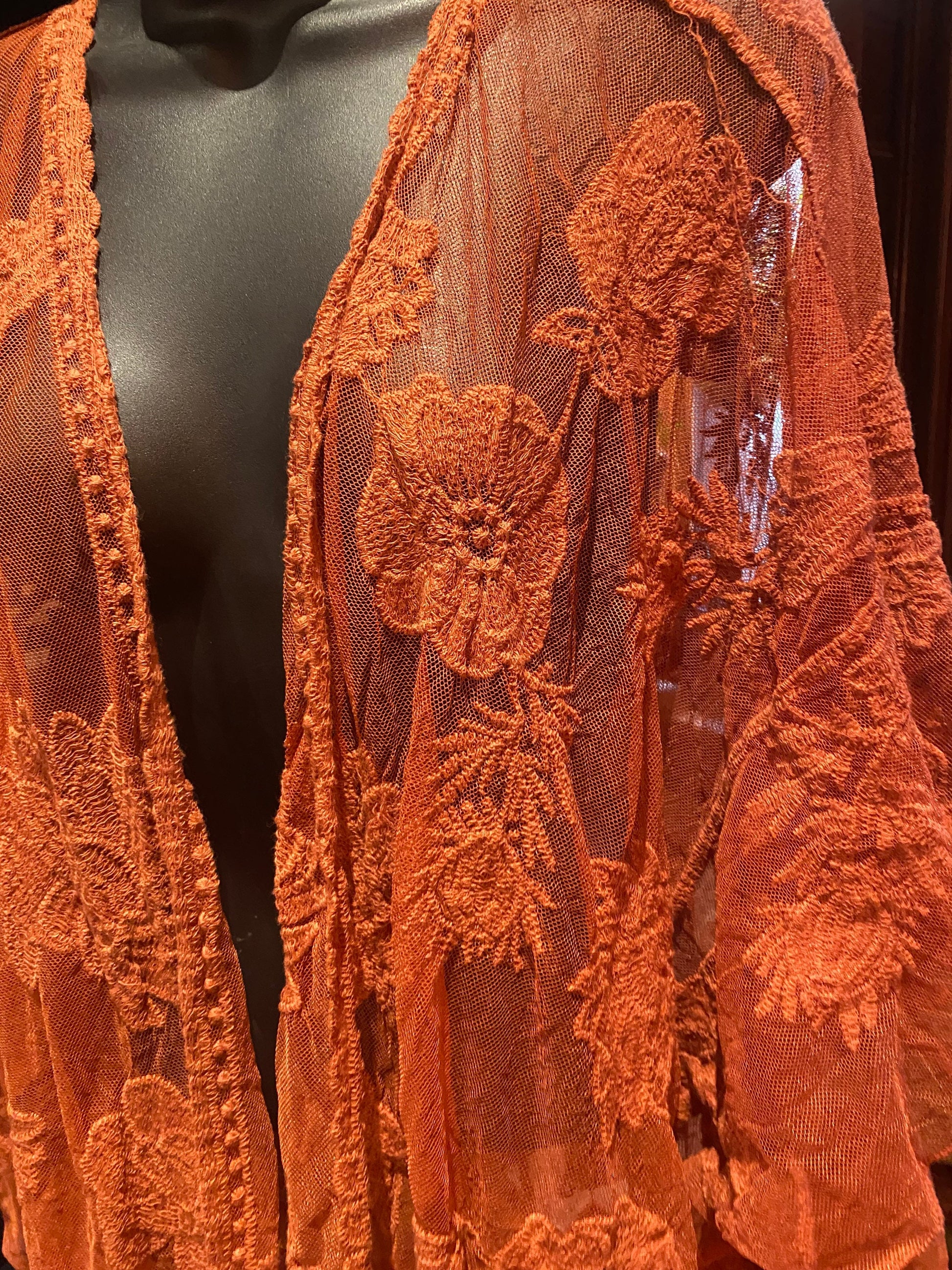 Lace Kimono Jacket Vintage Style Brunt Orange Embroidered Wrap