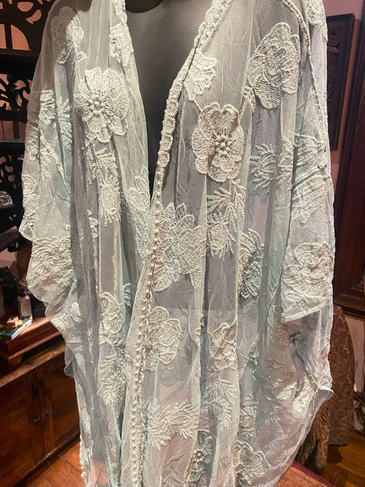 Lace Kimono Jacket Vintage Style Pastel Aqua Green Embroidered wrap