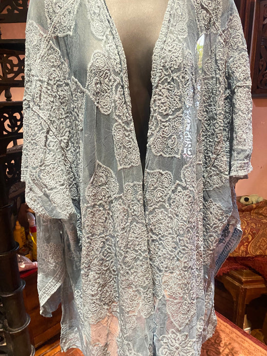 Lace Kimono Jacket Vintage Style Pastel Aqua Green Embroidered wrap