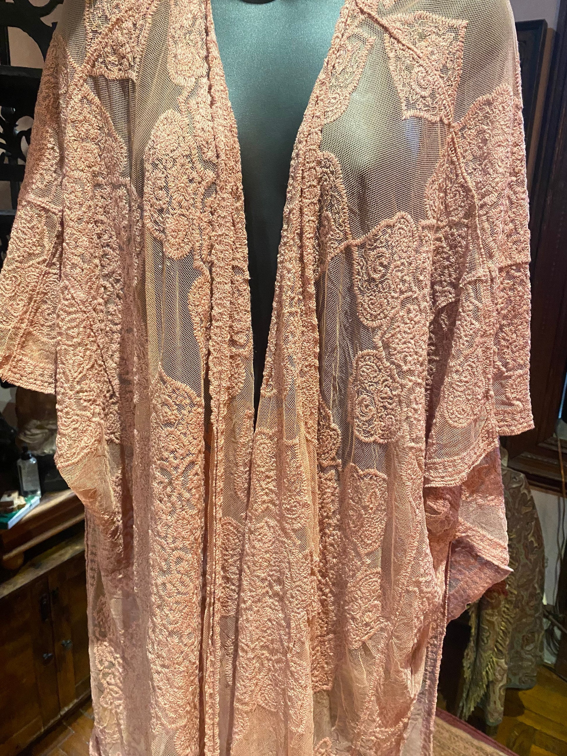Lace Kimono Jacket Vintage Style Pastel Pink Embroidered wrap