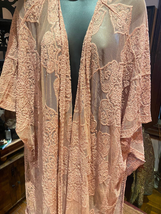 Lace Kimono Jacket Vintage Style Pastel Pink Embroidered wrap