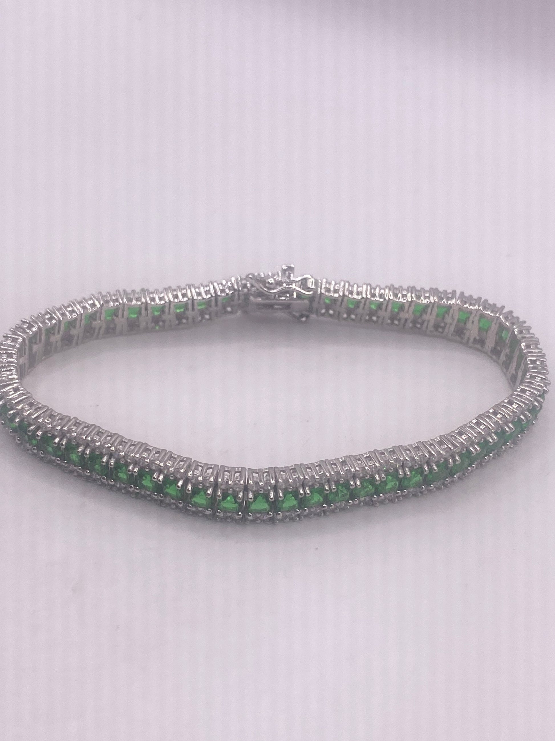 Vintage Cubic Zirconia Green Chrome Diopside 925 Sterling Silver Tennis Bracelet 7 inch